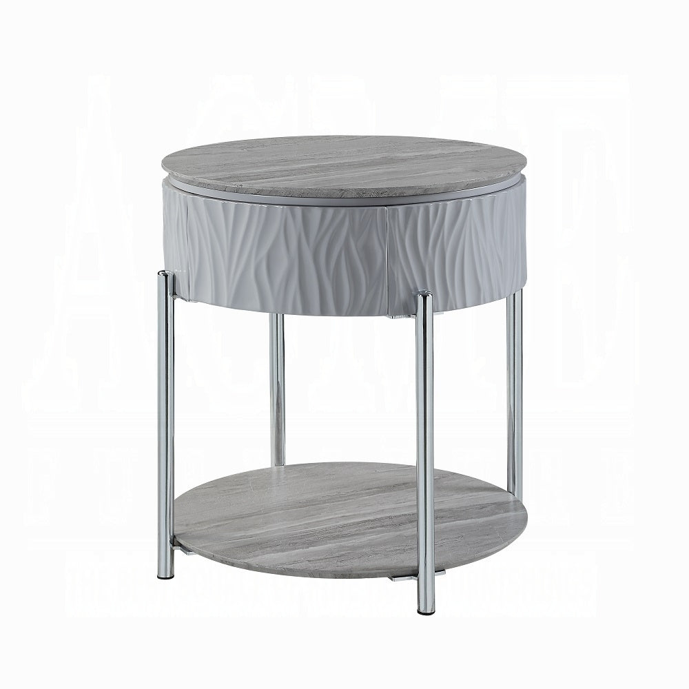 Grey High Gloss And Chrome End Table With Drawer Grey Silver Primary Living Space Shelves Round Wood Metal