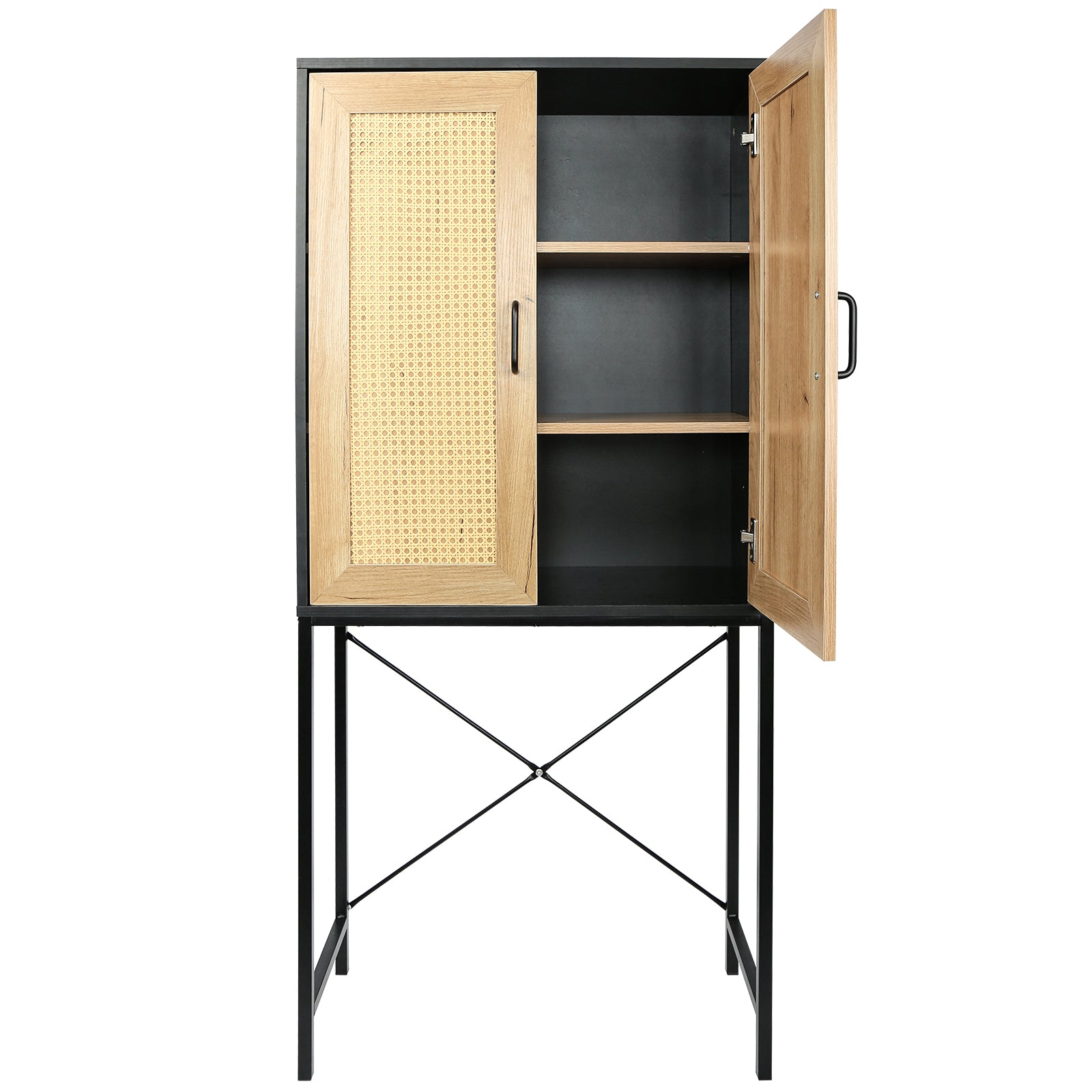 59'' High Elegant Cabinet With 2 Rattan Doors Bedroom Living Room Kitchen Cupboard Wooden Furniture With 3 Tier Shelving X Shaped Supporting Bars Easy Assembly Nature Color Natural Particle Board