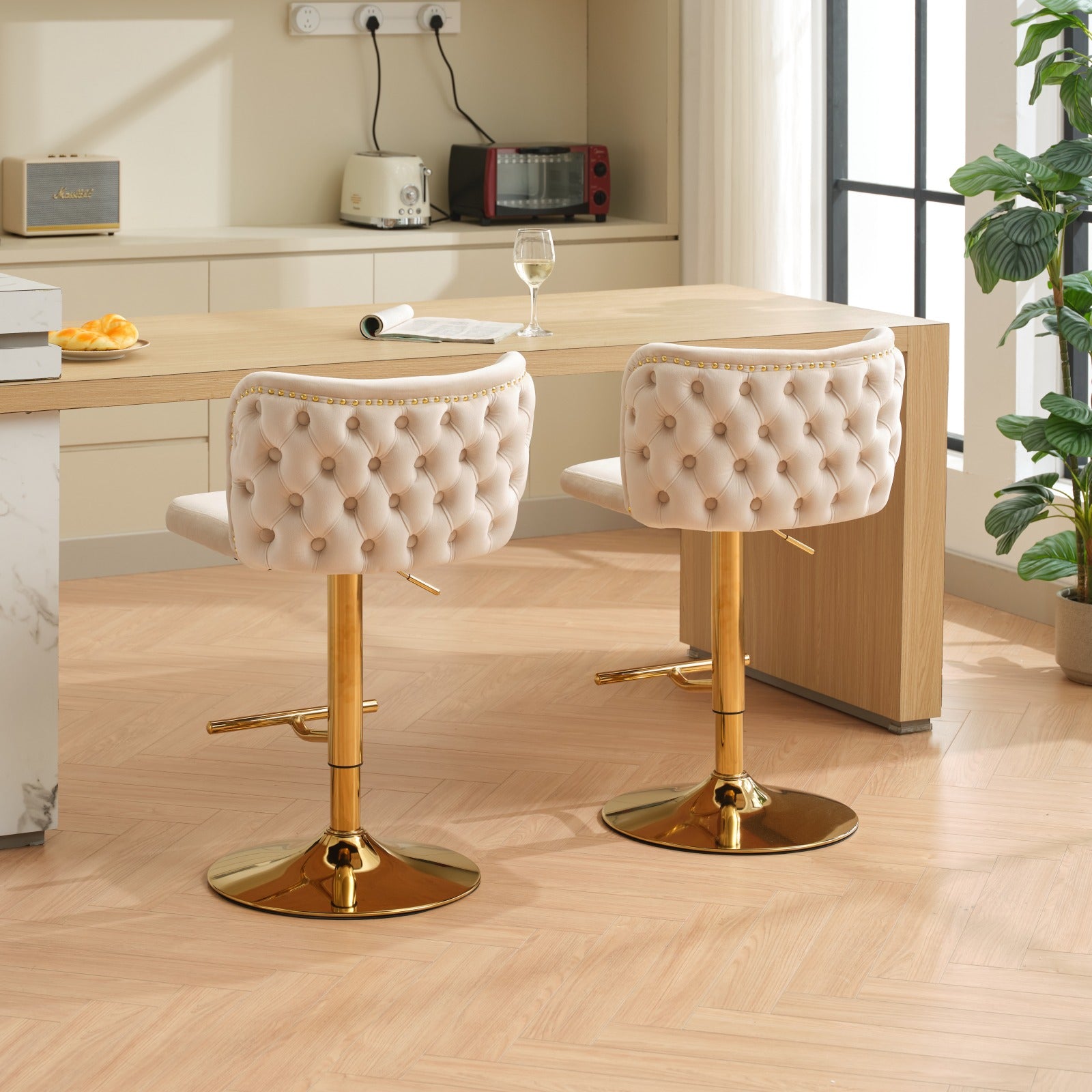 Swivel Barstools Adjusatble Seat Height With Gold Plating Base, Classic Velvet Upholstered Bar Stools With The Whole Back Tufted, For Home Pub And Kitchen Island,Beige, Set Of 2 Beige American Design Bar Stools Set Of 2 Foam Velvet