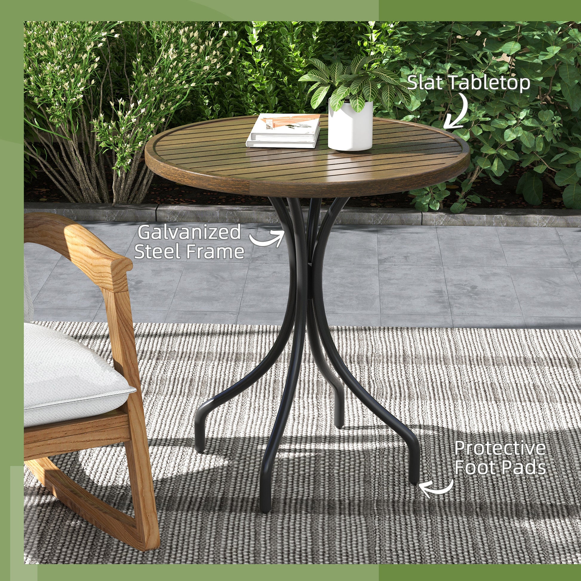 Outsunny Outdoor Side Table, 26" Round Patio Table With Steel Frame And Slat Tabletop For Garden, Backyard, Porch, Balcony, Distressed Brown Brown Steel