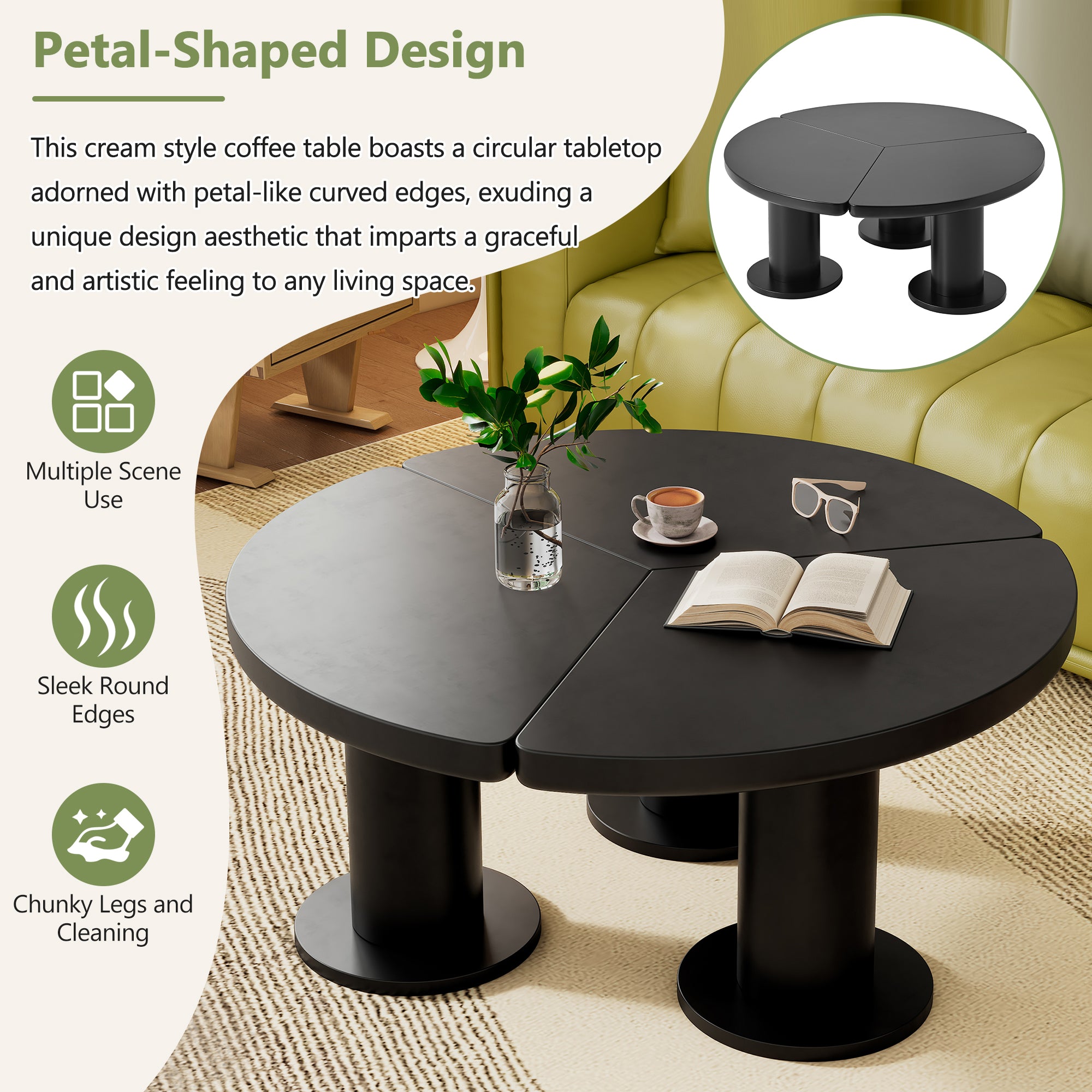 39.4'' Easy Assembly Round Petal Shaped Coffee Table, Cream Style Cent
