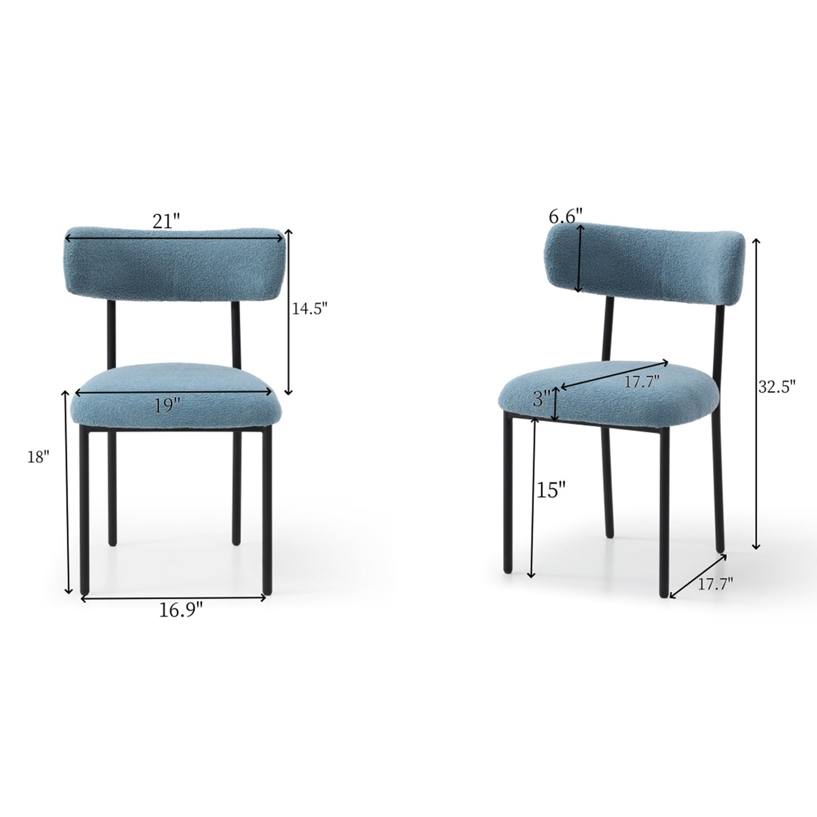 Dining Chairs Set Of 2,Round Upholstered Sherpa Fabric Dining Room Chairs With Curved Backrest,Mid Century Modern Accent Chairs With Black Metal Adjustable Legs For Dining Room,Living Room,Kitchen Light Blue Foam Polyester