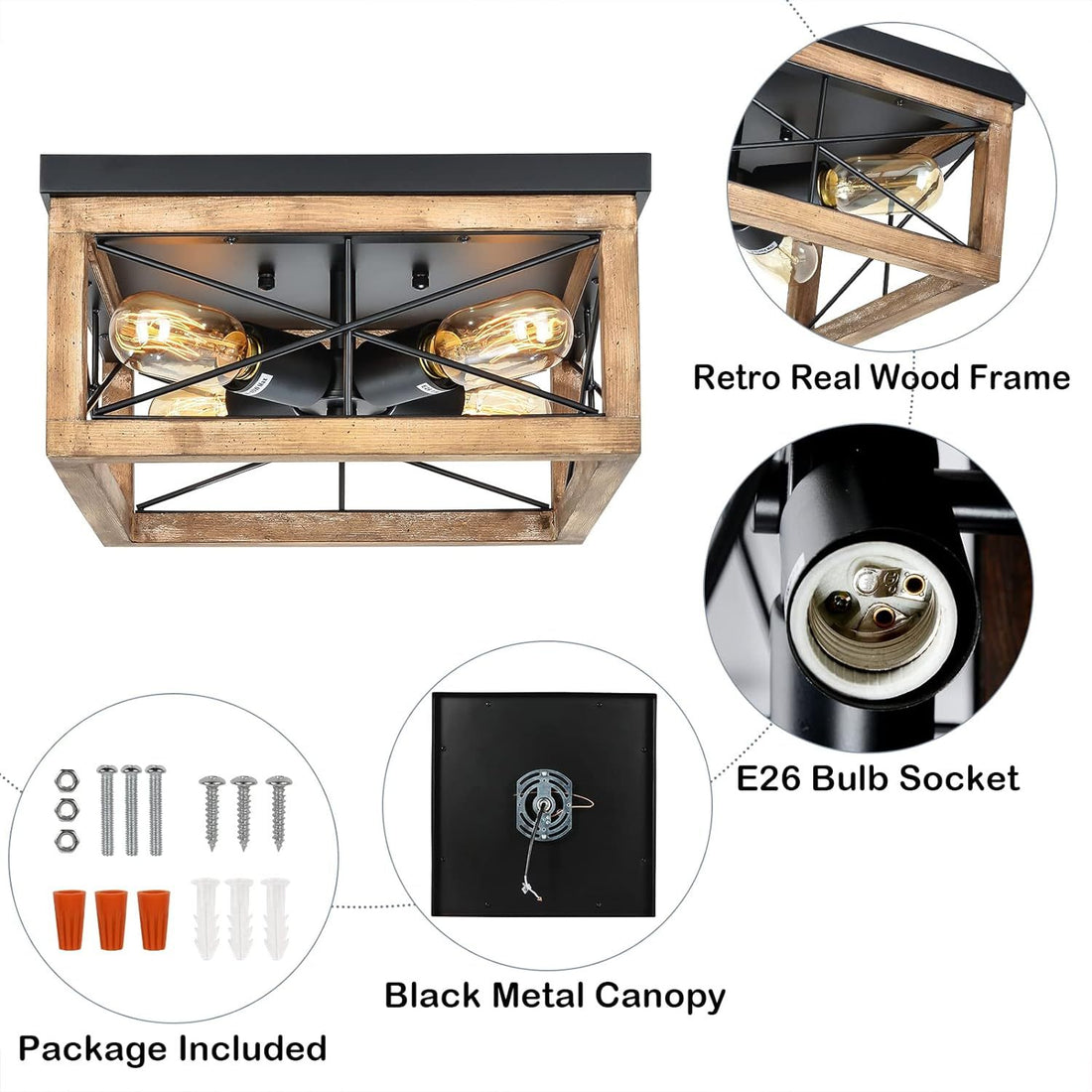 Wooden Flush Mount Ceiling Lights, 4 Light Farmhouse Close To Ceiling Lighting Fixtures Black Ceiling Lamp For Kitchen Island Living Room Bedroom Hallway Laundry Entryway Wood Wood Metal