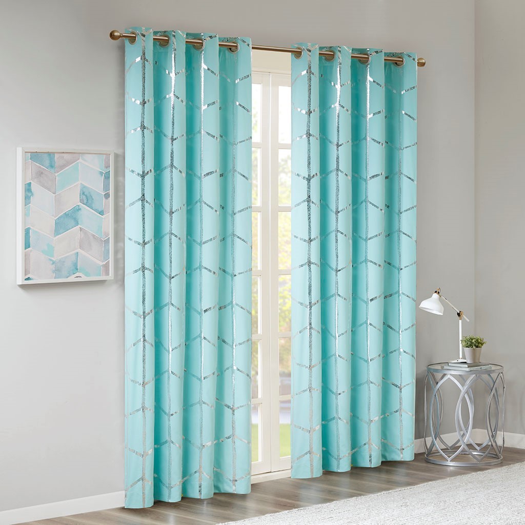 Total Blackout Metallic Print Grommet Top Curtain Panel Only 1 Pc Panel Aqua Silver Microfiber