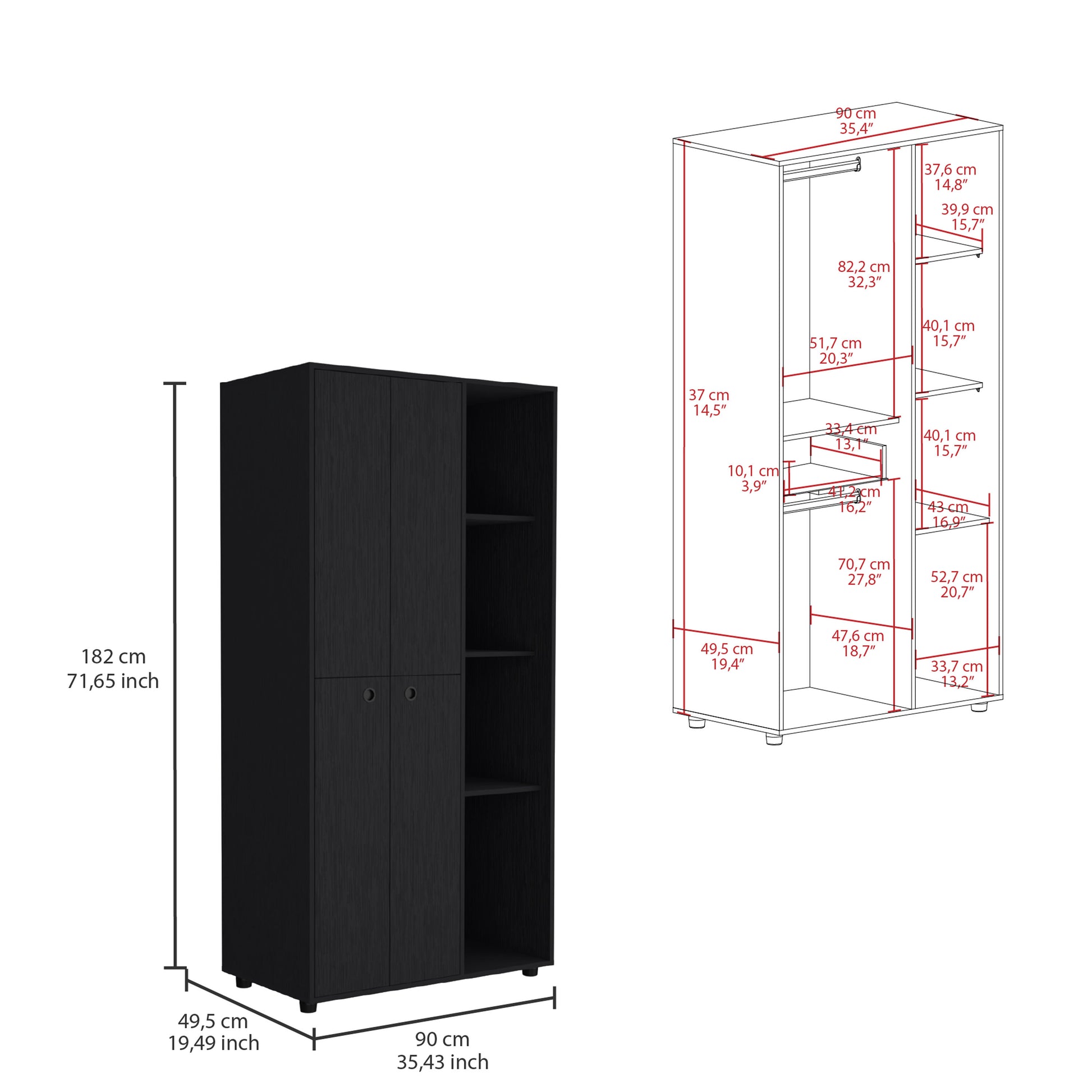 Misuri Wardrobe Armoire With Double Door, Drawer, Hanging Rodss, And Open Shelves Black Black Bedroom Particle Board