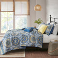 6 Piece Reversible Quilt Set With Throw Pillows Blue Full Queen Blue Cotton