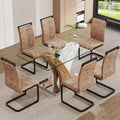 Table And Chair Set.Modern Dining Table, Tempered Glass Countertop With Artistic Mdf Legs.Paried With 6 Comfortable Chairs With Pu Seats And Metal Legs. Suitable For Various Decoration Styles. Black Brown,Transparent Seats 6 Mdf Metal