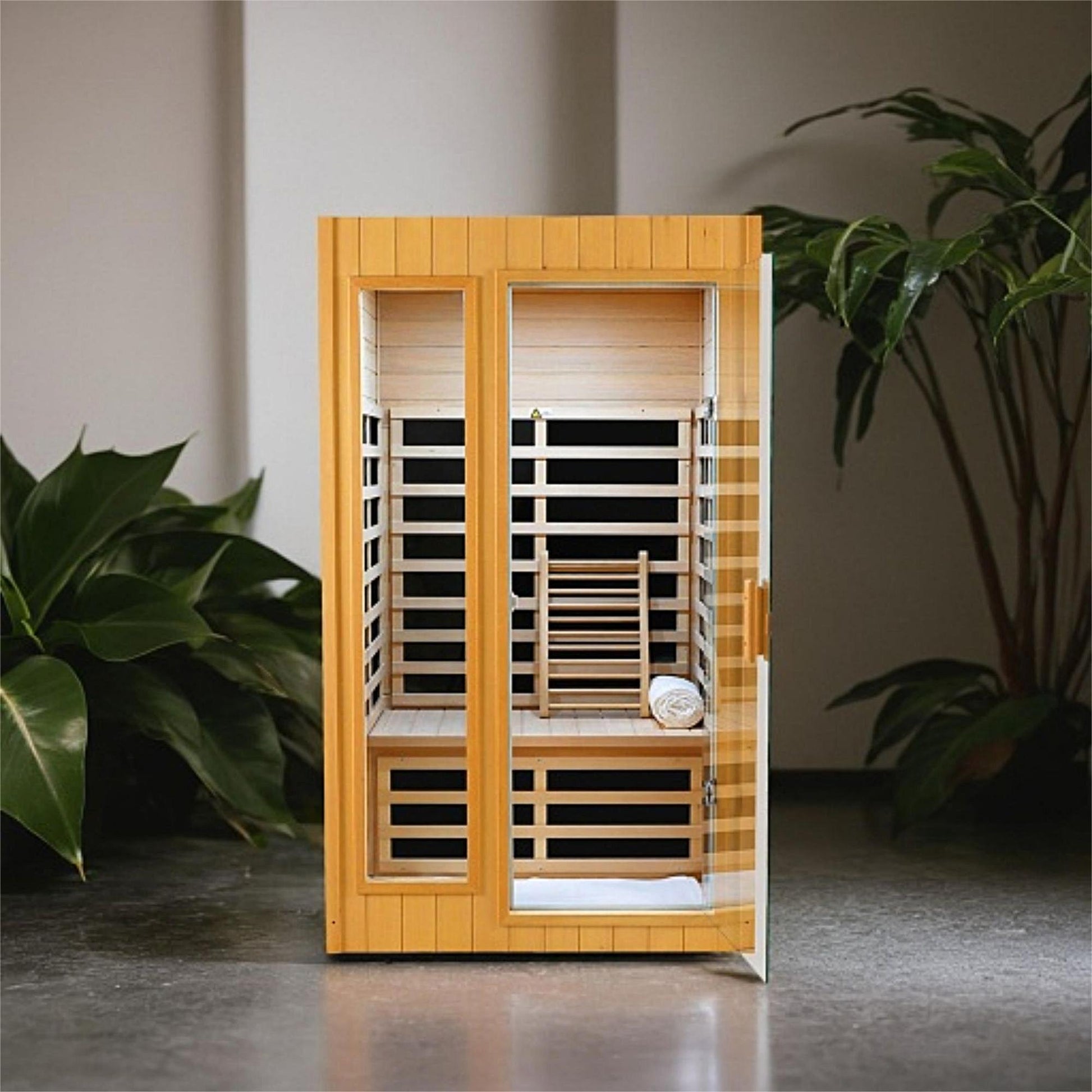 Hemlock Two Person Far Infrared Roof Embedded Indoor Sauna Room Natural Wood Metal & Wood