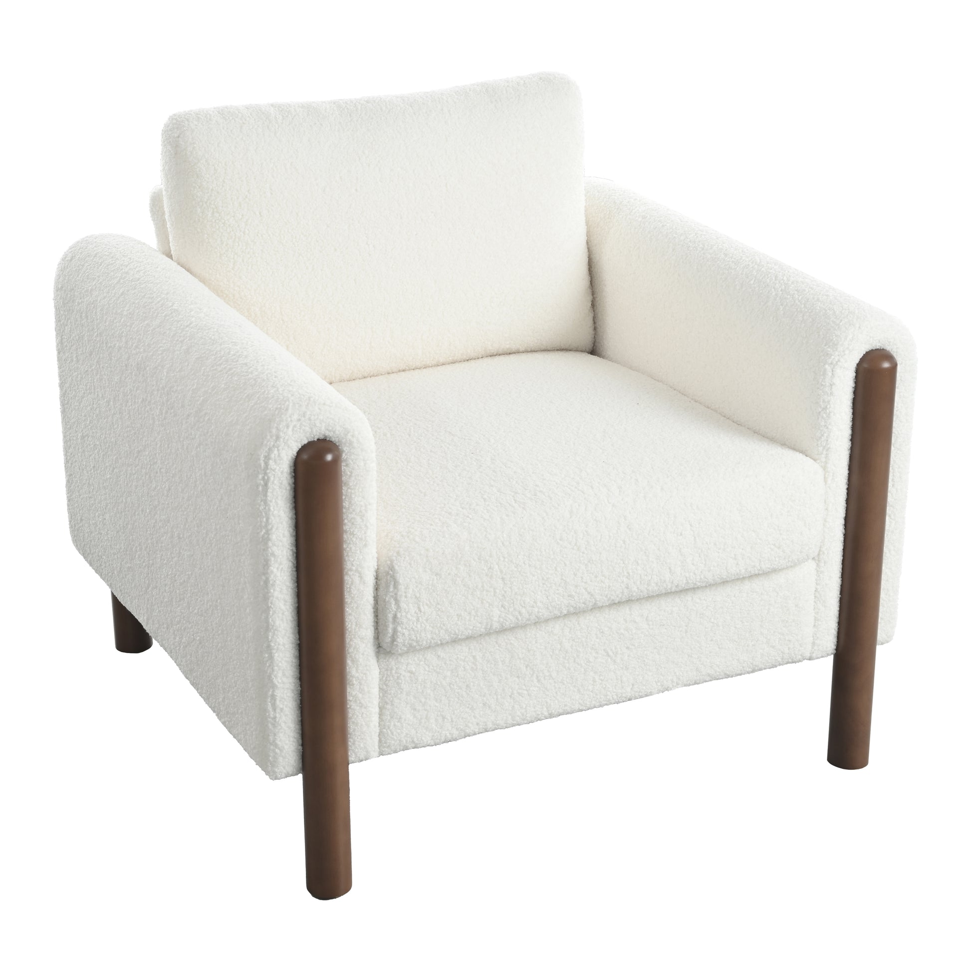 Oversized Accent Chair, Upholstered Living Room Chairs Single Sofa Chair With Walnut Legs, Curved Handrail, White White Teddy