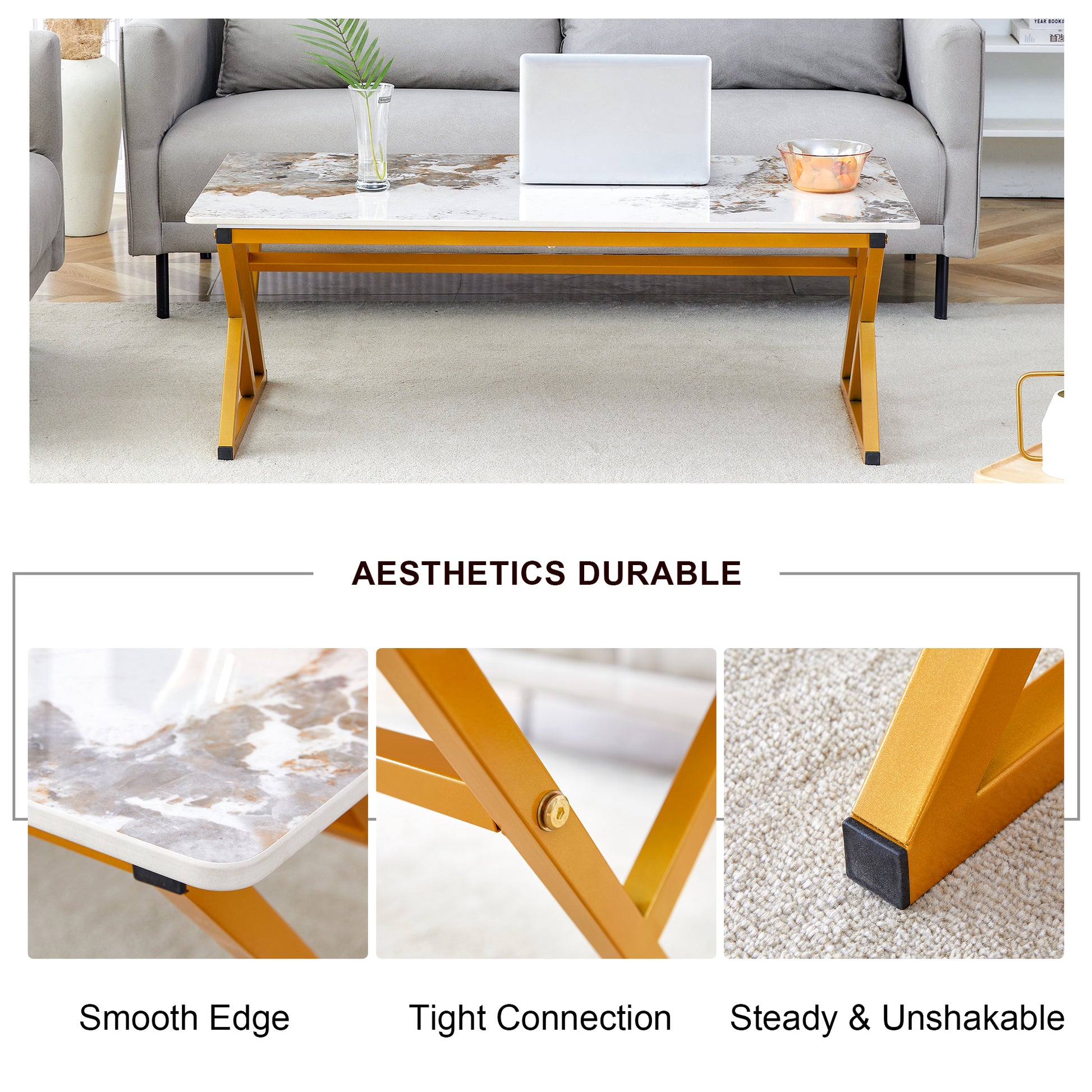 A Coffee Table Is Made Of Rock Slab Material, With A Natural And Smooth Marble Pattern On The Surface, Which Complements The Modern Design Of The Golden Metal Legs And Adds A Touch Of Fashion.47*23.6 Gold Sintered Stone