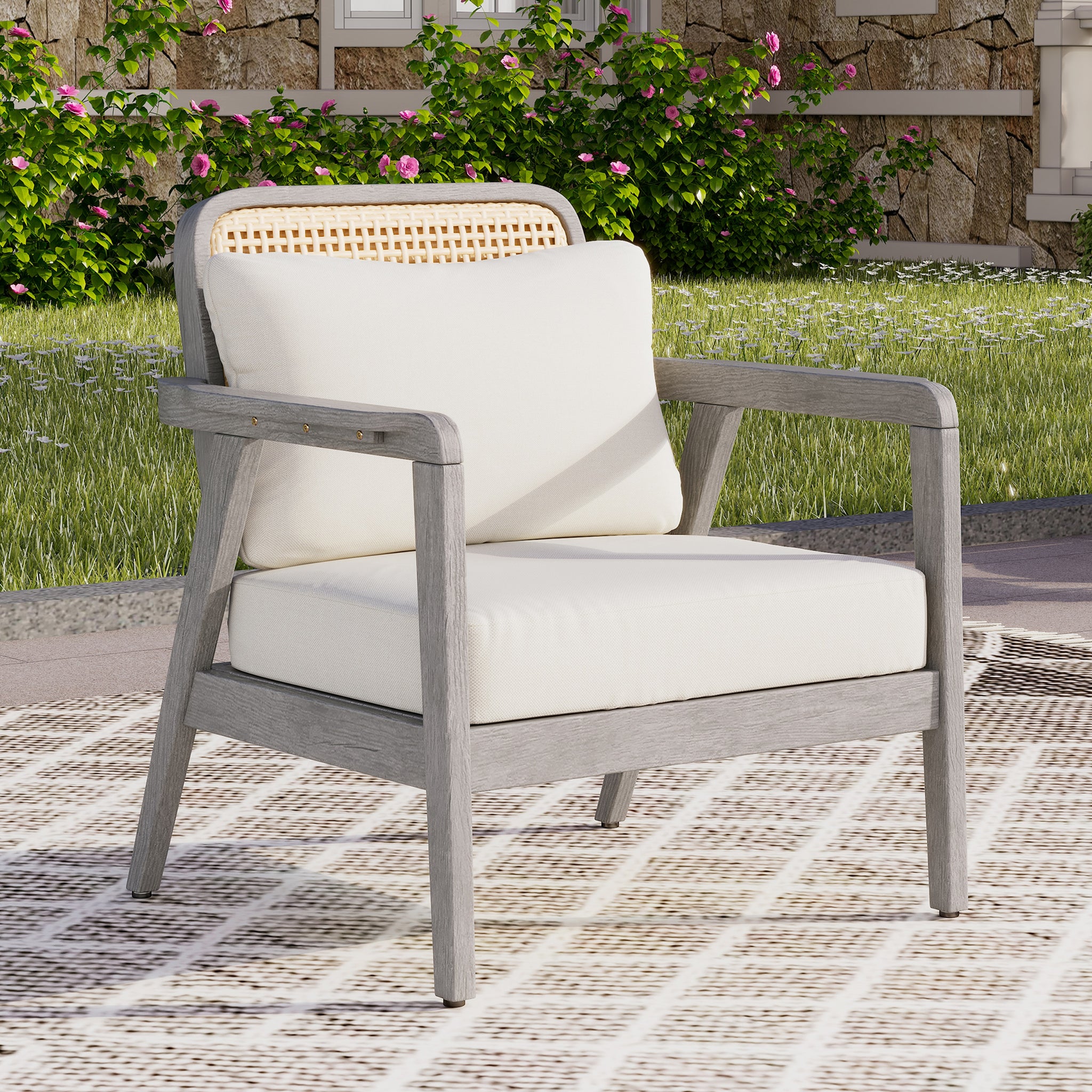 Outdoor Acacia Wood Patio Club Chair, Patio Furniture,Waterproof Thick Cushion Deep Seating For Porch, Garden, Backyard, Balcony, Weight Capacity 400Lbs, Light Gray Finish, Cream Cushion Yes Deep Seating Light Gray Garden & Outdoor Foam Acacia Wood