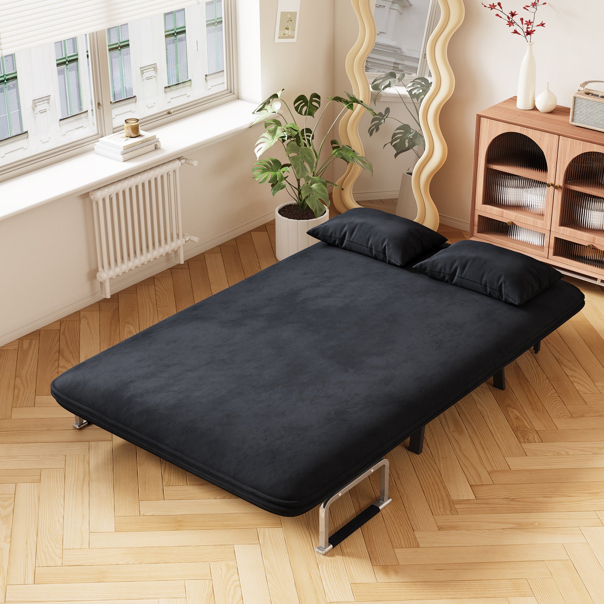 39 Convertible Chair Bed, Tri Fold Sofa Bed With Adjustable Backrest & Pillow, Leisure Chaise Lounge Couch With Sturdy Steel Frame For Home & Office, Comfortable Sleeper Chair Black Black Velvet Primary Living Space Medium Firm Contemporary Polyurethane