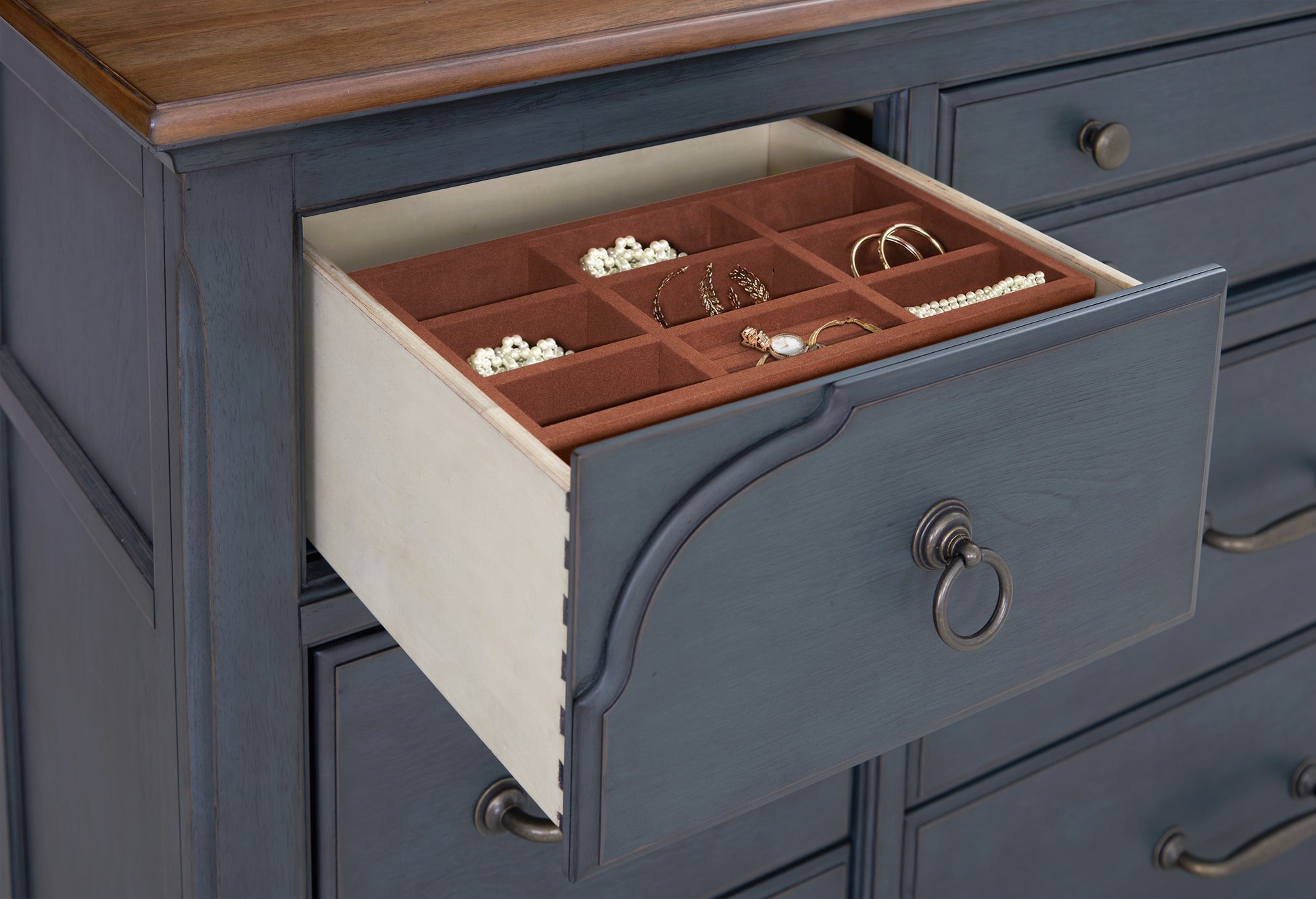 Americana Dresser, No Assembly Required, Corduroy Blue Finish Blue Rub Americana Dresser, No Assembly Required, Corduroy Blue Finish Blue Rub