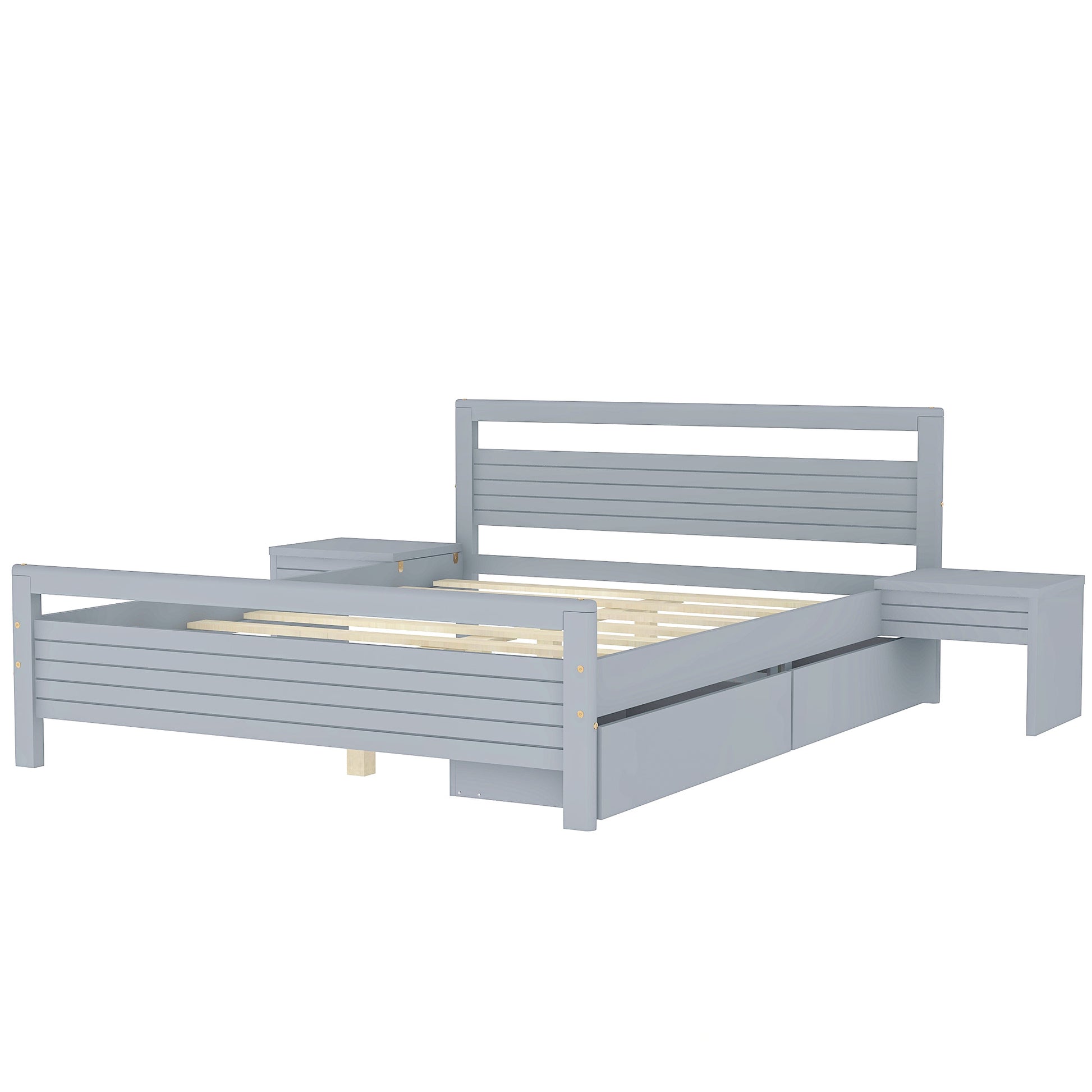 Queen Size Wooden Platform Bed With 2 Storage Drawers And 2 Bedside Tables, Gray Queen Gray Pine