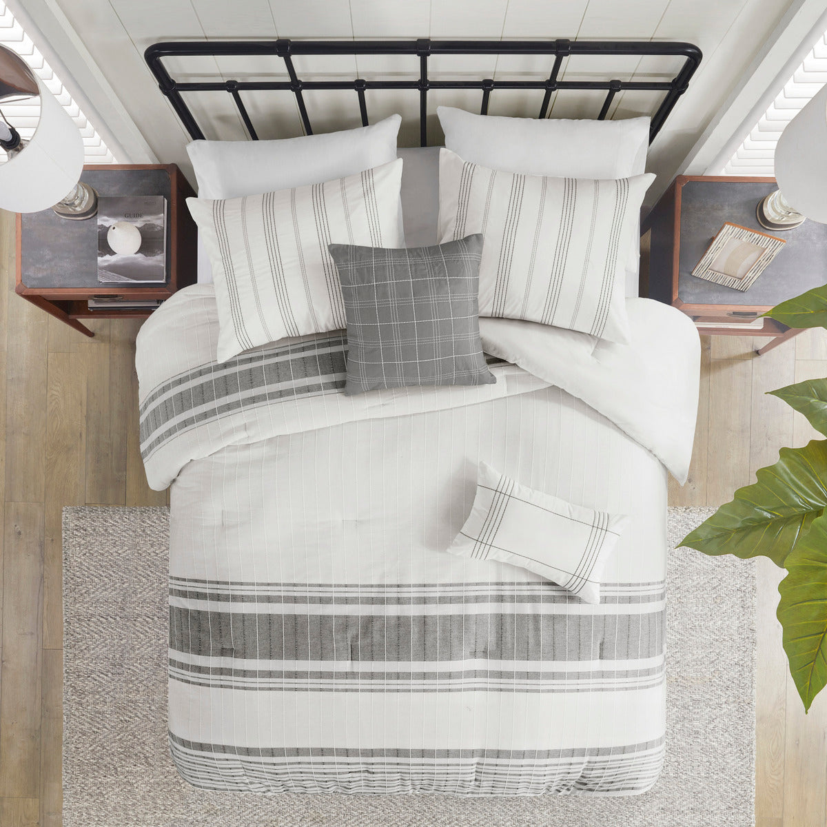 6 Piece Cotton Jacquard Oversized Comforter Set White Grey Full Full Grey White Cotton