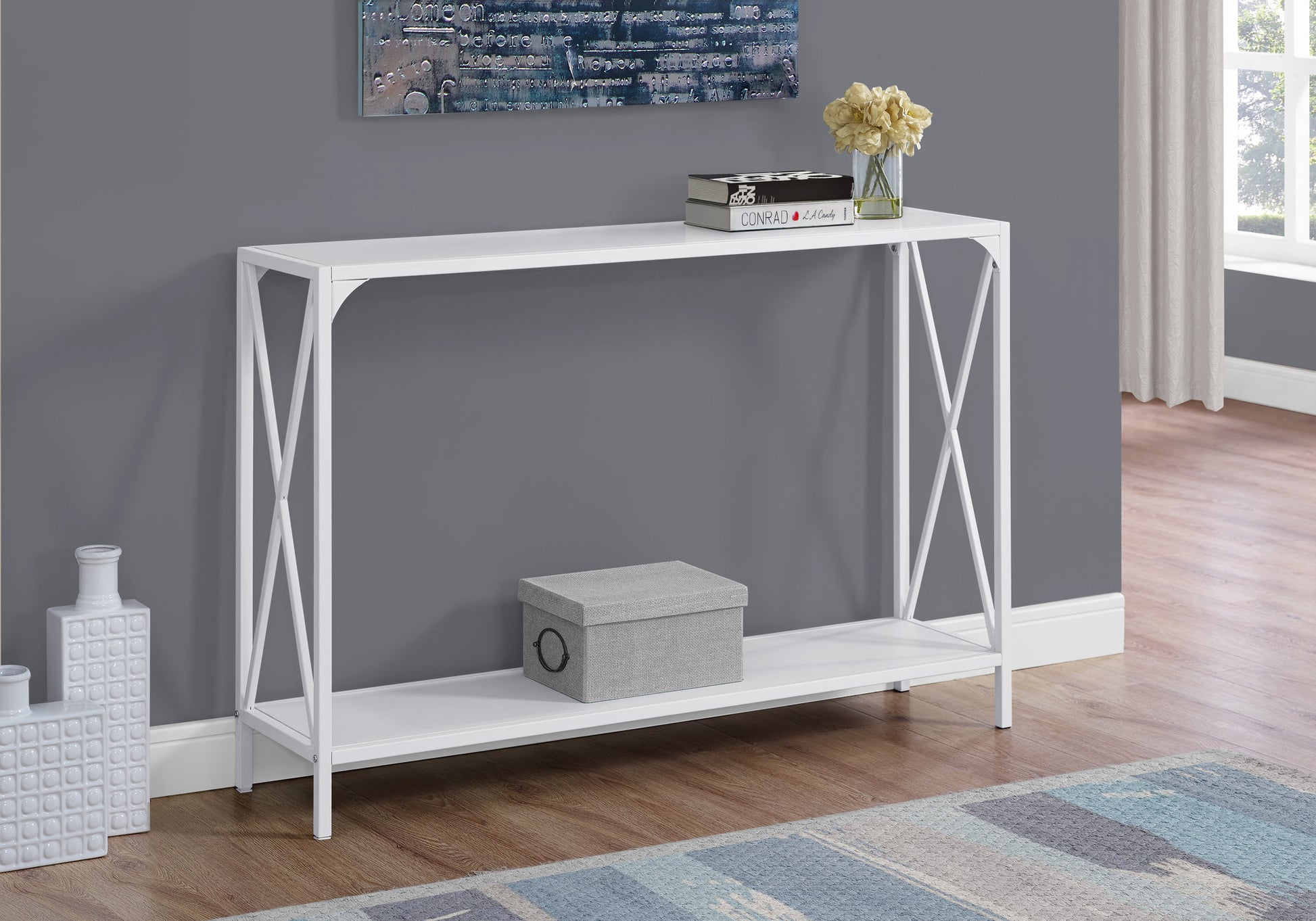 Accent Table, Console, Entryway, Narrow, Sofa, Living Room, Bedroom, White Laminate, White Metal, Contemporary, Modern White Mdf