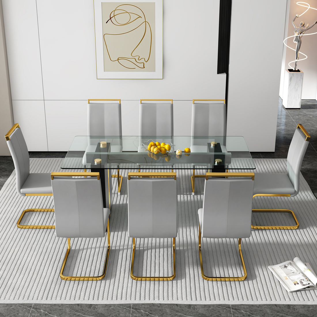 Table And Chair Set, Large Modern Minimalist Rectangular Glass Table, Can Accommodate 6 8 People, Equipped With Tempered Glass Tabletop And Large Mdf Table Legs, Comfortable And Minimalist Chairs. Transparent Mdf Glass