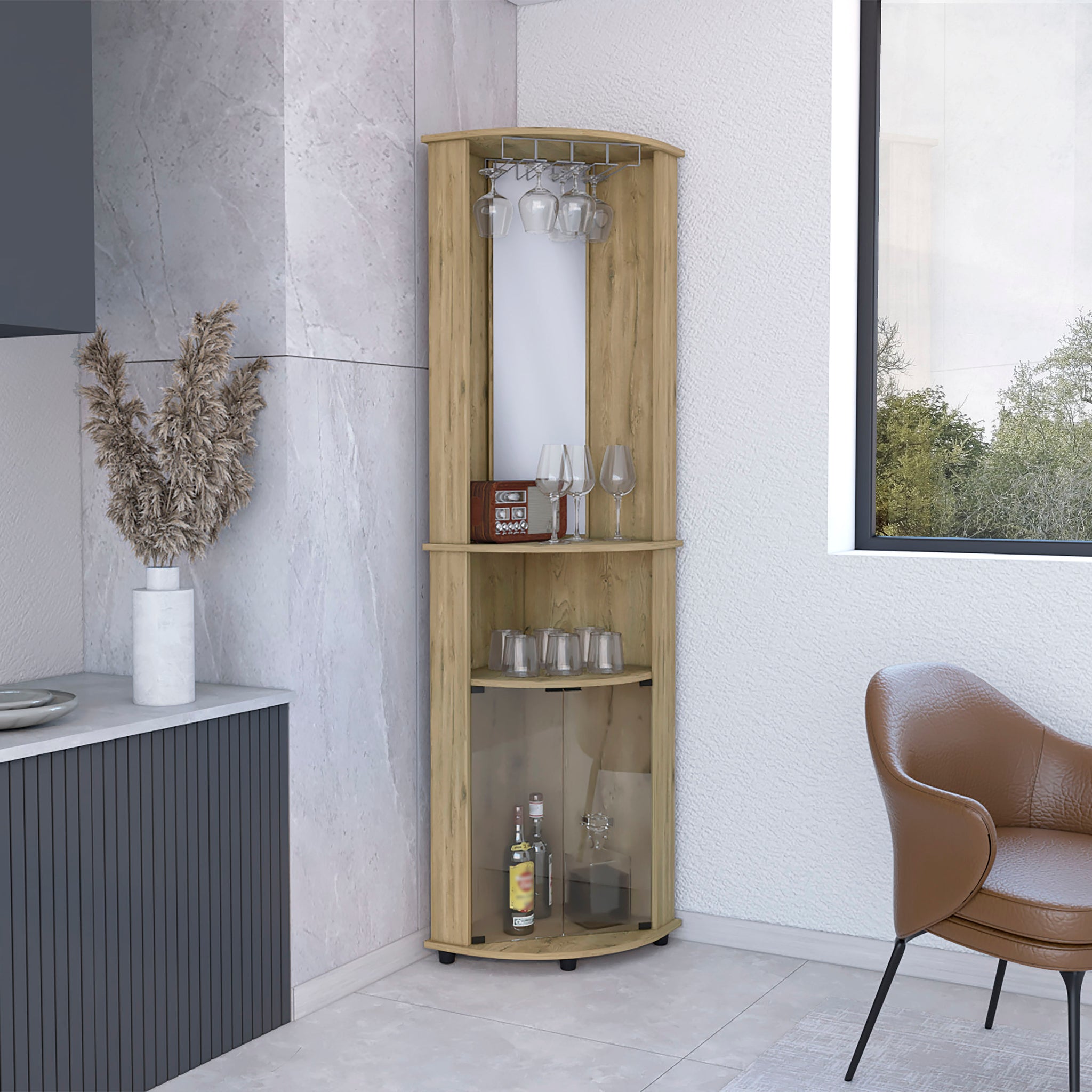 Chicago 75" H Mirrored Corner Bar Cabinet, With Glass Doors, Two Shelves And Stemware Macadamia Natural Walnut Particle Board