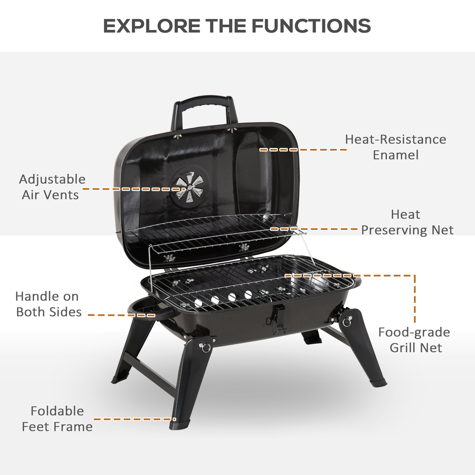 Outsunny 14" Portable Charcoal Grill, Tabletop Small Bbq Grill For Outdoor Cooking, Camping, Tailgating, Enamel Coated, Vent, Folding Legs, Black Black Iron