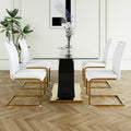 Modern Style Glass Dining Table, Elegant Transparent Design, Solid Support Base, White Dining Chair Set, Gold Plated Legs, Suitable For Restaurant Kitchen Use Set Of 5 White Gold Seats 4 Mdf Glass