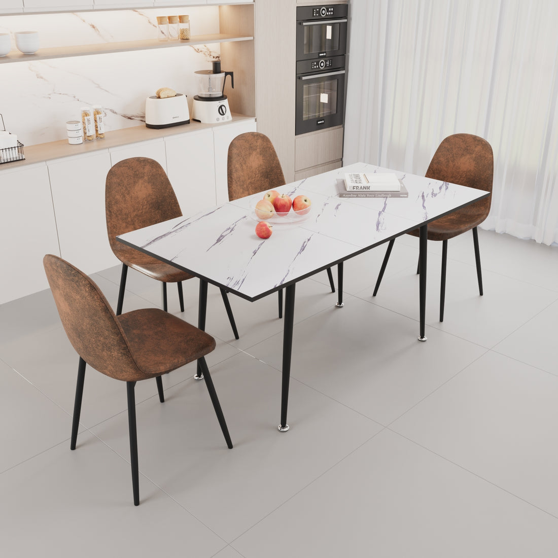 Scalable Mdf Modern Dining Table And Chair Set, Suitable For 2 6 People, White Dining Table And Modern Brown Round Dining Chair 4 Piece Set, Medieval Dining Table Set, Metal Base And Suede Chair Brown White Mdf