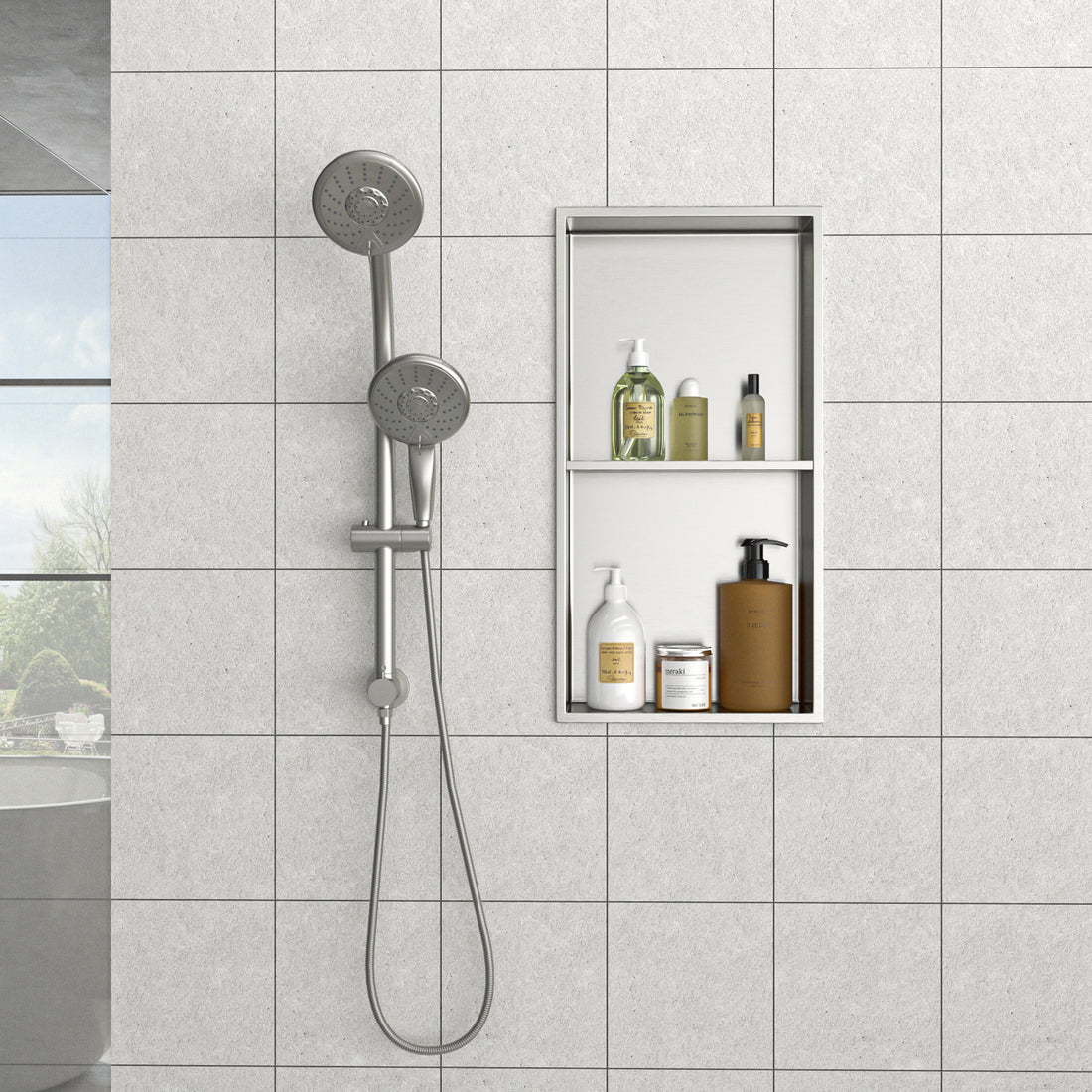 13" X 25" Stainless Steel Shower Niche Double Shelf, Brushed Nickel Brushed Nickel Stainless Steel