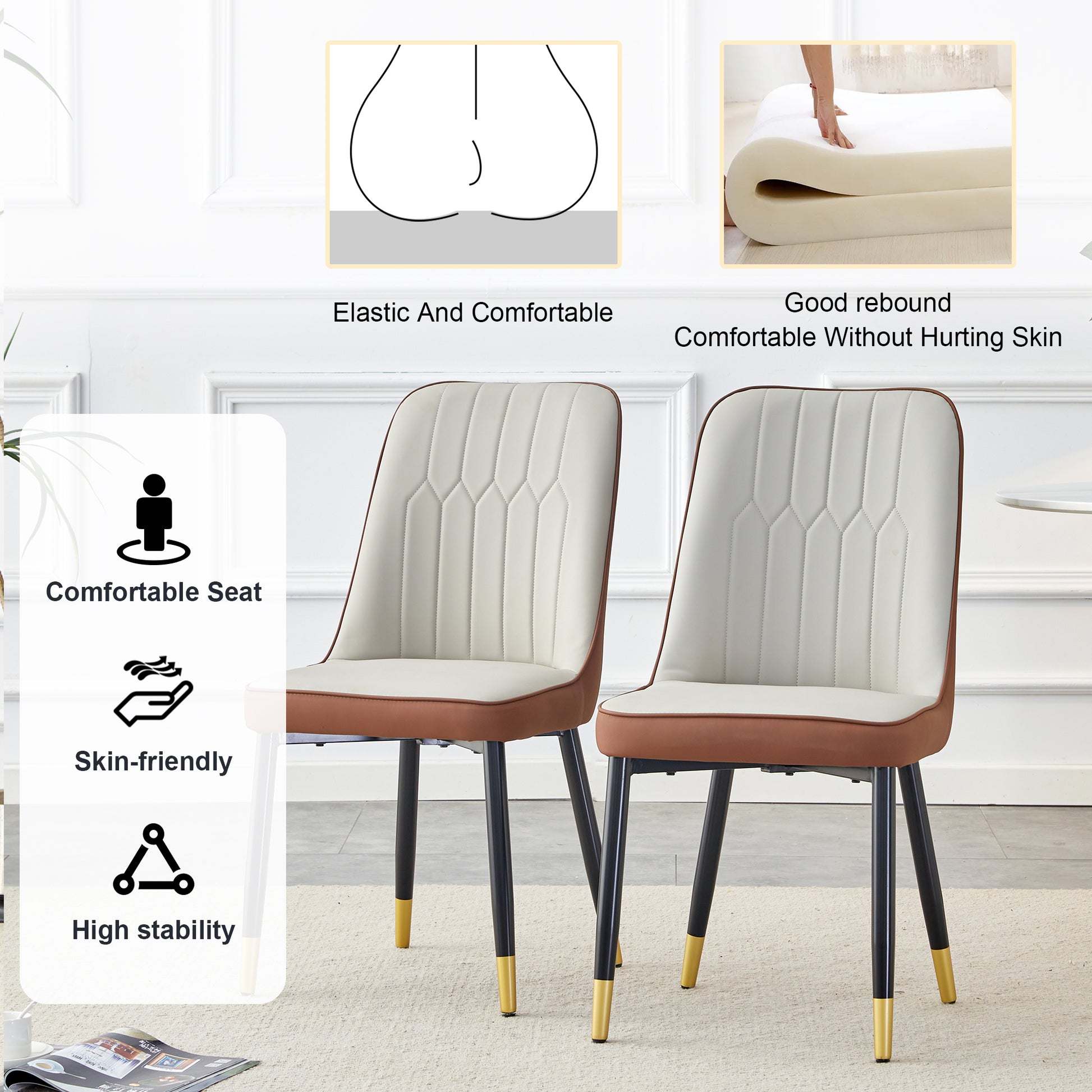 Table And Chair Set.Modern Rectangular Dining Table With Black Textured Stickers Glass Tabletop And Gold Plated Metal Legs.Paried With 4 Comfortable Chairs With Pu Seats And Black Metal Legs. Black Gold,Brown,Light Gray Seats 4 Glass Metal