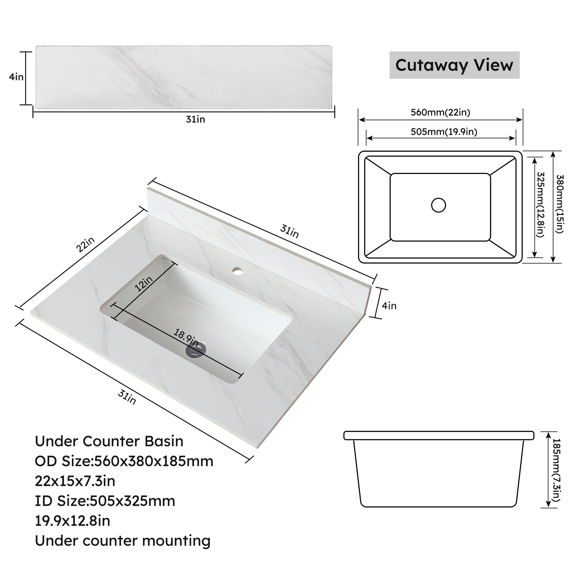 31 Inch Marble Vanity Top, White Vanity Top With Pre Drilled Faucet Holes, Bathroom Vanity Top With Undermount Rectangular Middle Sink And 4" Height Backsplash, Bianco Carrara Venato White Bathroom Sintered Stone