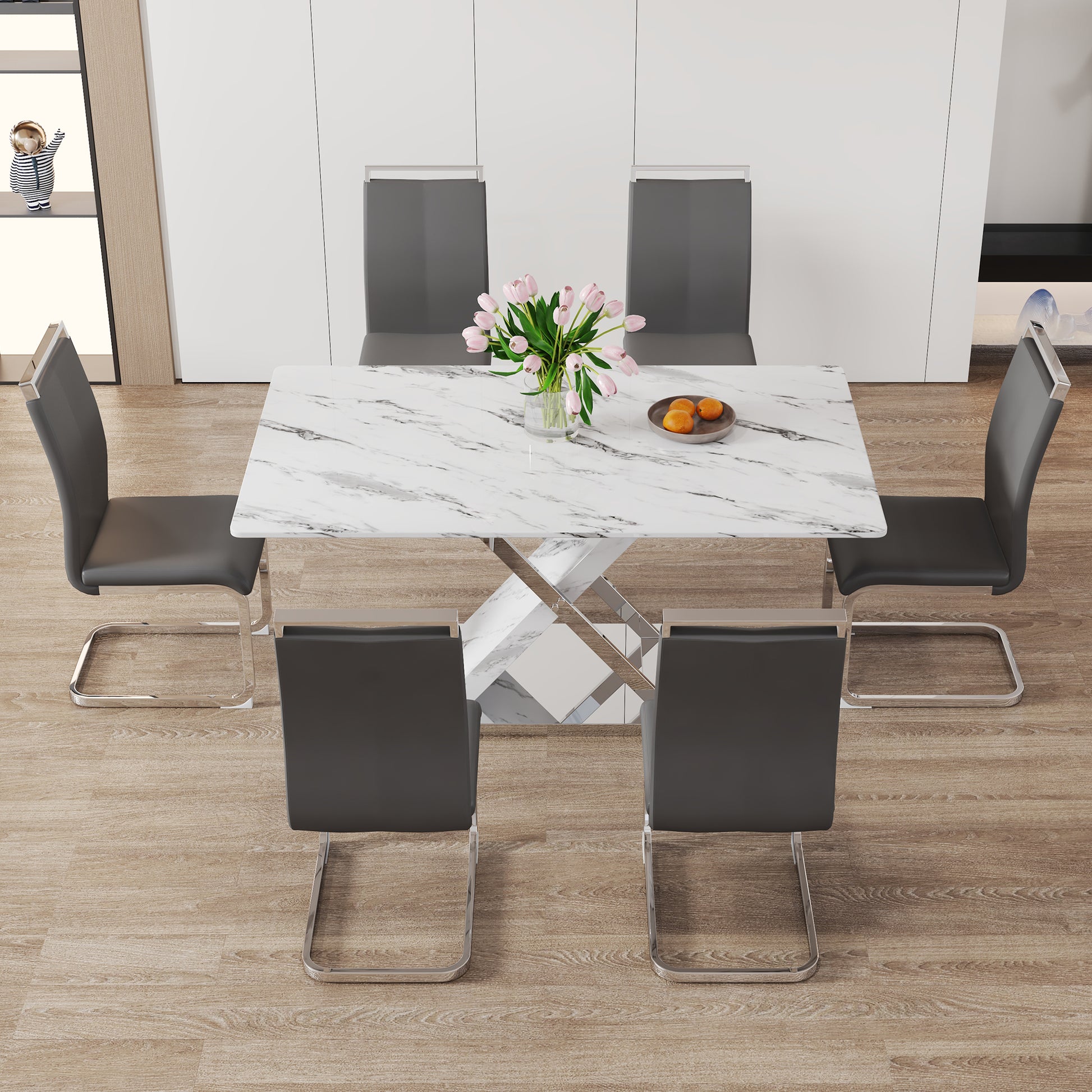 Table And Chair Set, Modern Dining Table, Imitation Marble White Top And Silver Legs, Soft And Comfortable Dining Chair, Perfect For Dinner, Meetings, Home And Office Decor Grey Silver Glass Metal