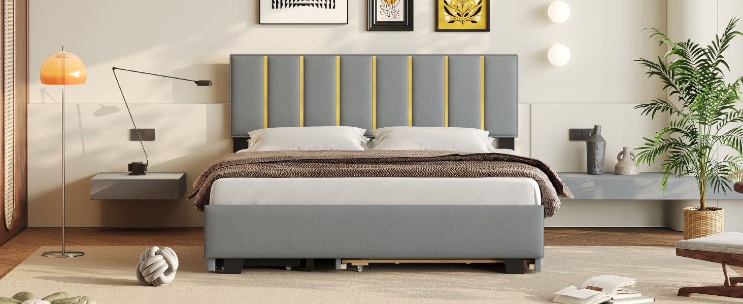 Queen Size Upholstered Platform Bed With 2 Drawers And 1 Trundle, Classic Metal Strip Headboard Design, Grey Queen Gray Mdf Lvl