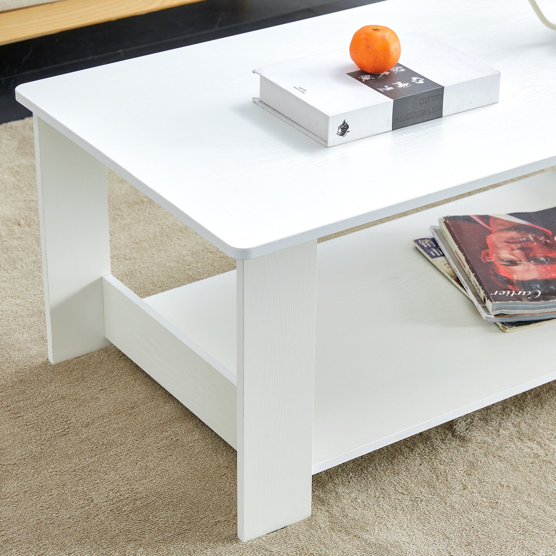 A Modern And Practical White Coffee Table. The Double Layered Coffee Table Is Made Of Mdf Material,. Suitable For Living Room, Bedroom, And Study.Ct 16 White Mdf