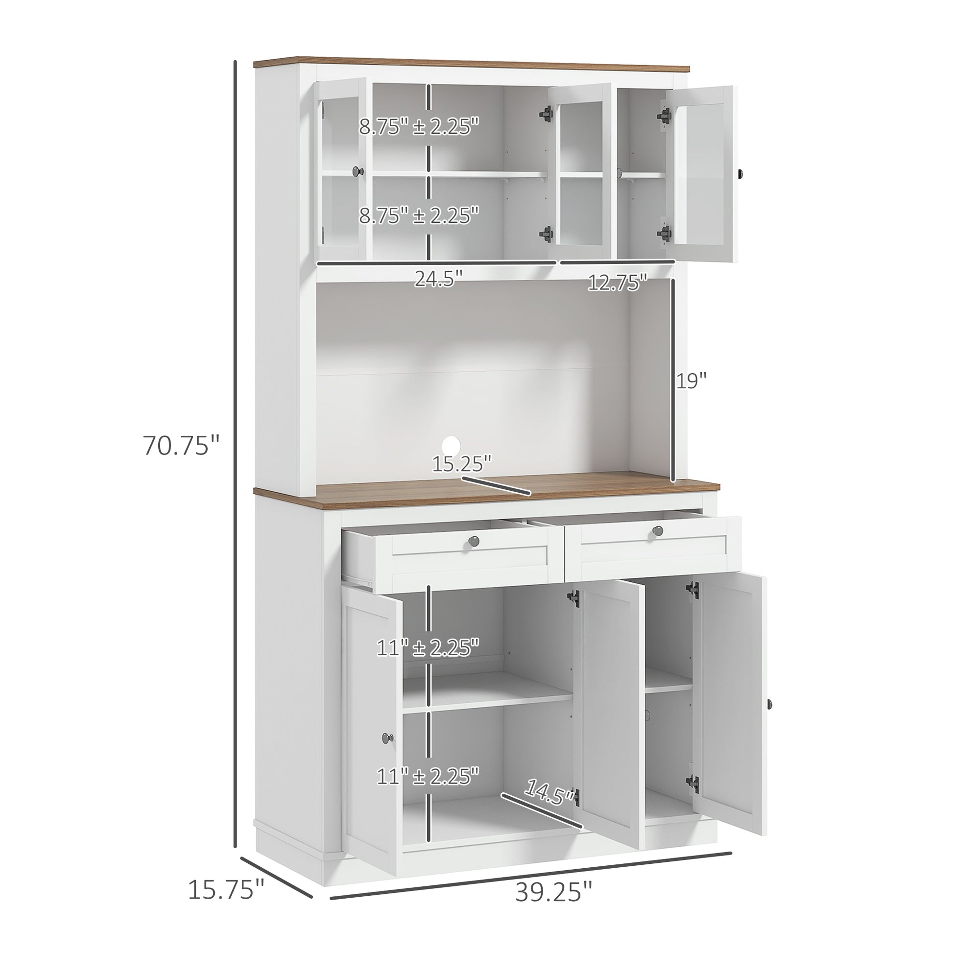 Homcom 71" Tall Kitchen Pantry Storage Cabinet With Microwave Stand, Freestanding Buffet With Hutch, 2 Drawers, 5 Doors, Adjustable Shelves And Glass Doors For Kitchen, Dining Room, White White Mdf