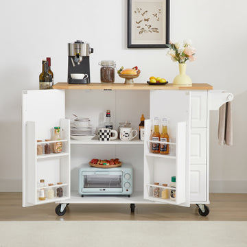 Kitchen Island With Drop Leaf Countertop, Rolling Kitchen Island Cartbarn Door Kitchen Island Table With Storage Cabinet And Tower Rack, Island Table On Wheels For Kitchen, White White White Rectangular Kitchen Carts Particle Board Medium 40 55In