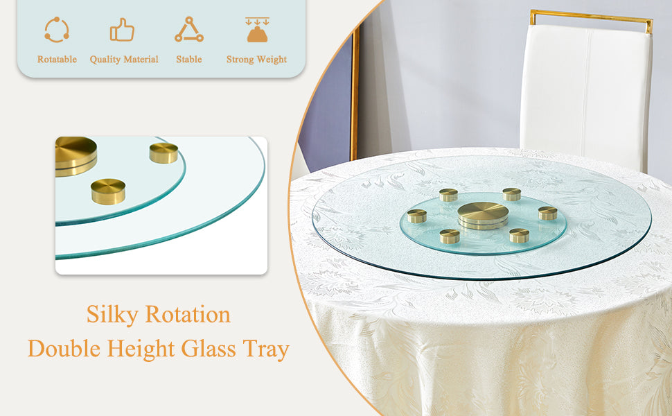 Double Layer Rotatable Round Glass.The Rotatable Design Makes It More Convenient To Retrieve And Place Items.The Upper Glass Has A Diameter Of 30.3 Inches, While The Lower Glass15 Inches.