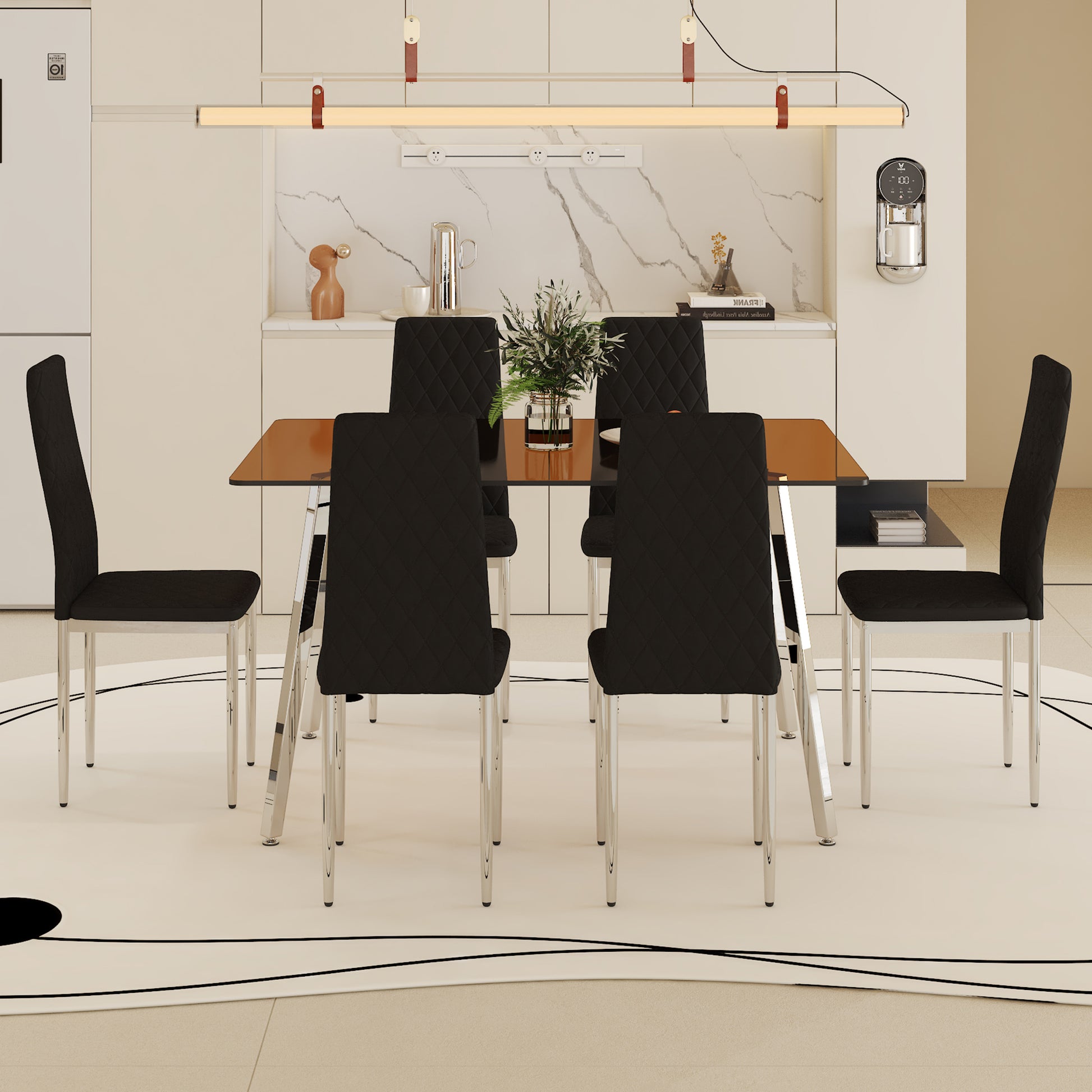 Table And Chair Set.Large Modern Rectangular Table With Brown Glass Top And Silver Metal Legs. Paired With 6 Black Chairs With Checkered Armless High Back Pu Cushion And Silver Metal Legs. Black,Silver Seats 6 Glass Metal