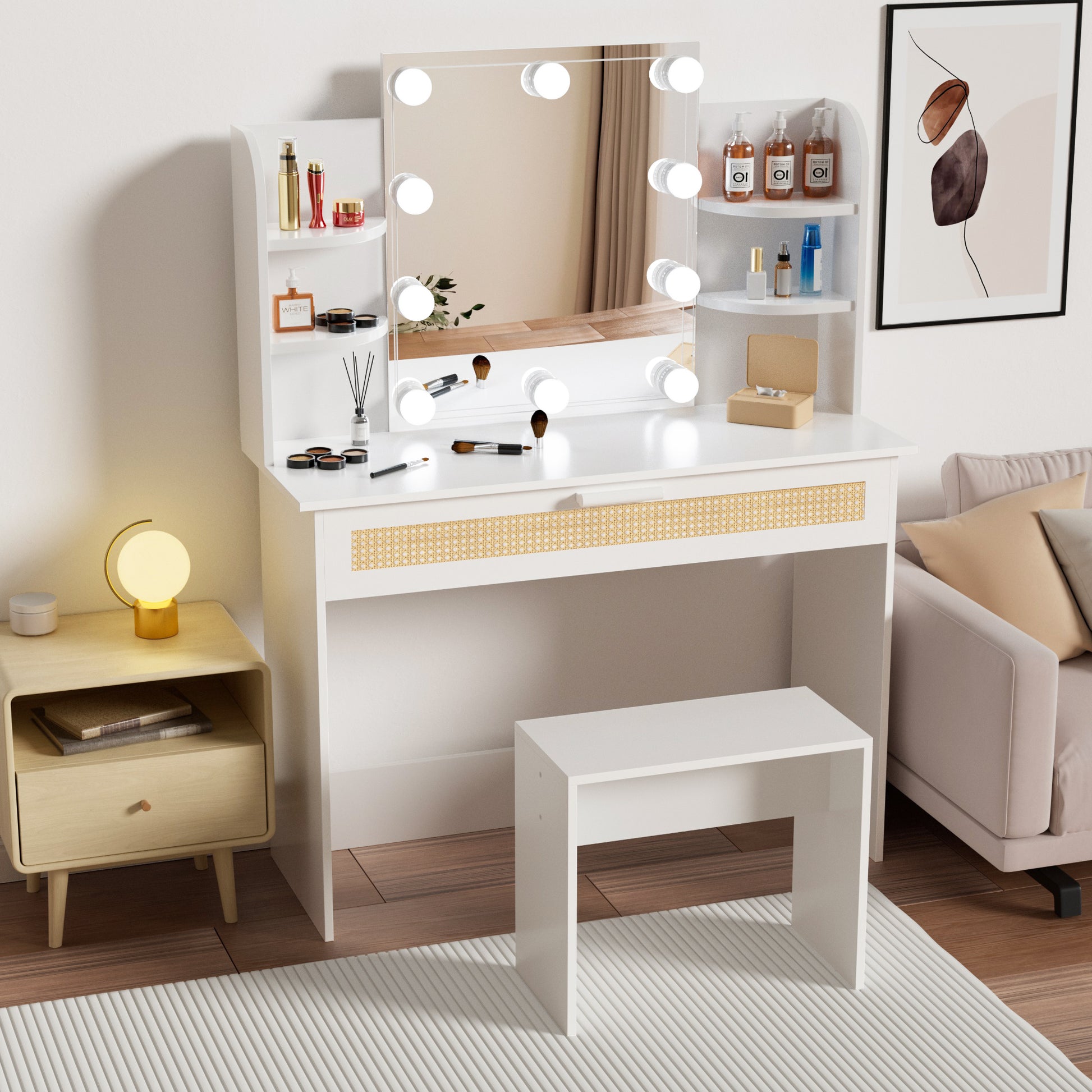 Vanity Desk Set Stool & Dressing Table With Led Lighting Mirror Drawer And Compartments Modern Wood Cosmetic Table Chest Of Drawers White Color Gloss White White 1 Drawer Bedroom Wood