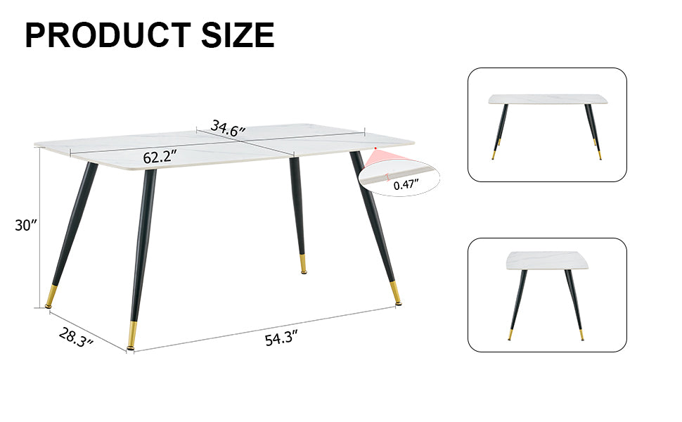 Modern Minimalist Dining Table. White Imitation Marble Pattern Sintered Stone Desktop With Black Metal Legs.62.2"*34.6"*30" F 001 Black Gold Sintered Stone