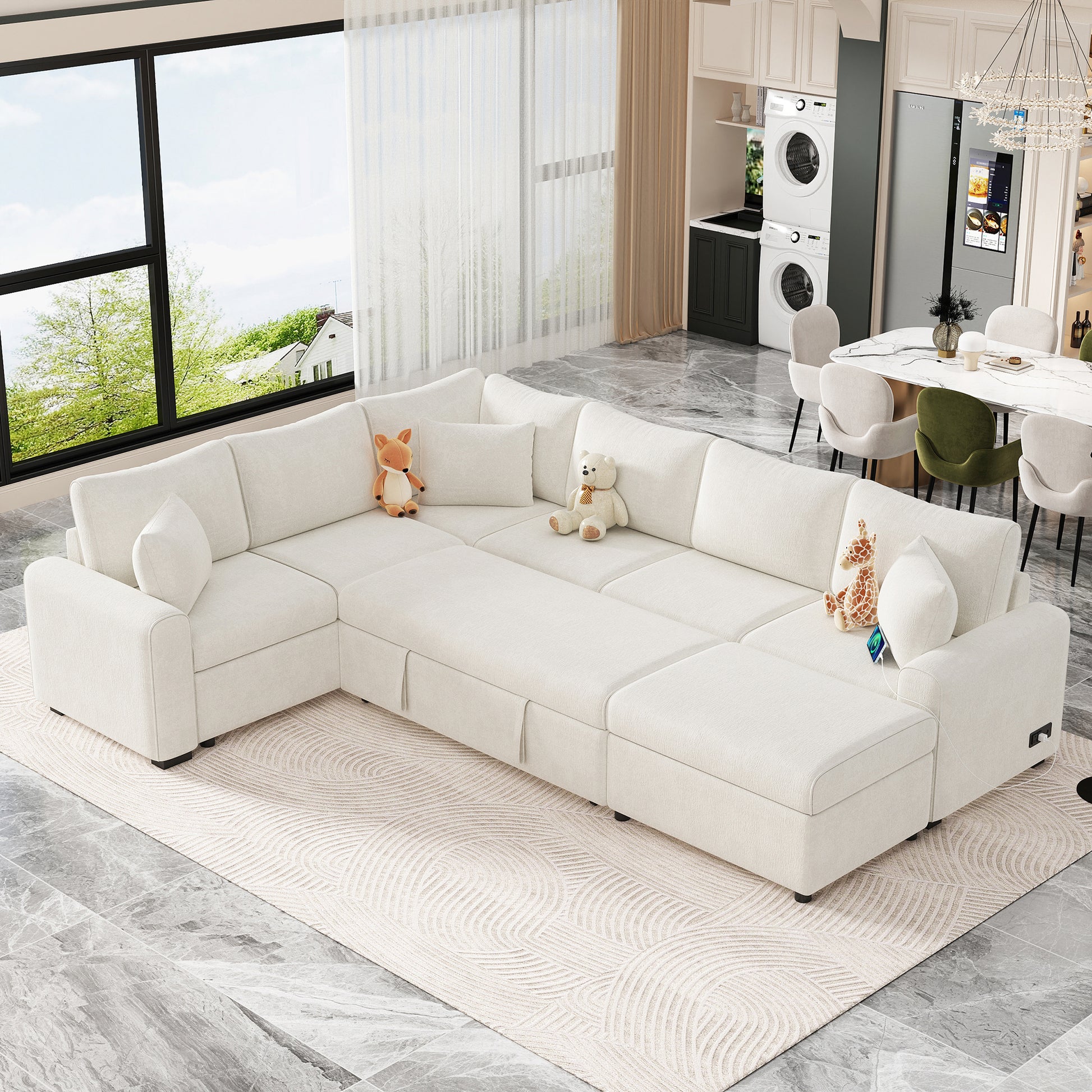 112.2" Sectional Sofa Pull Out Sofa Bed Sleeper With A Storage Ottoman,Three Pillows And Charging Devices For Living Room, Cream Cream Foam Chenille 6 Seat