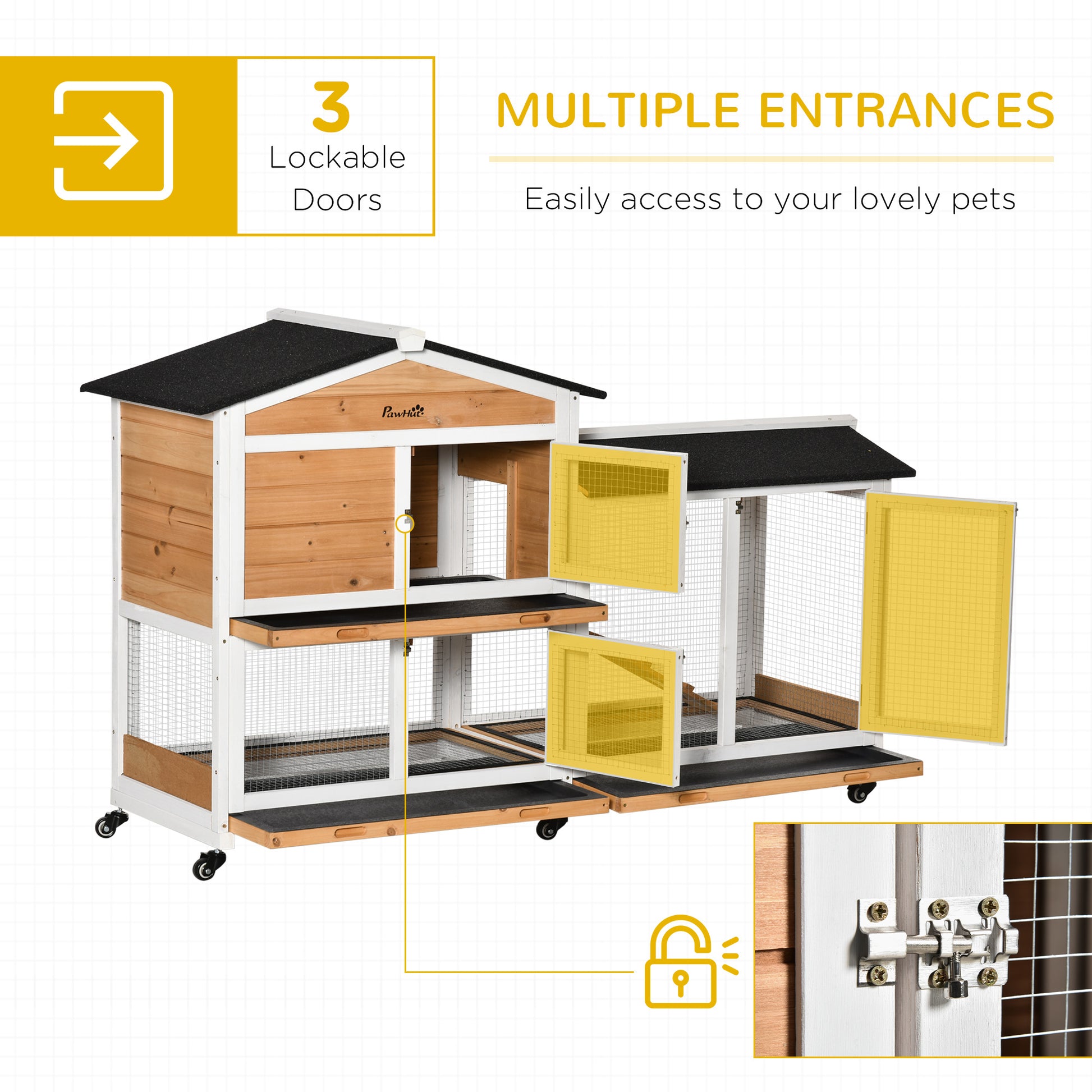 Pawhut 62" Rabbit Hutch, Wooden Bunny Hutch, Guinea Pig Cage, Small Animal Enclosure With Wheels, Run Area, Removable Tray, Asphalt Roof, Lockable Doors And Ramp, Nature Wood Natural Wood Wood