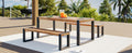 3 Pieces Outdoor Dining Table With 2 Benches, Patio Dining Set With Unique Top Texture, Acacia Wood Top & Steel Frame, All Weather Use, For Outdoor & Indoor, Natural No Acacia Wood Garden & Outdoor Acacia Wood