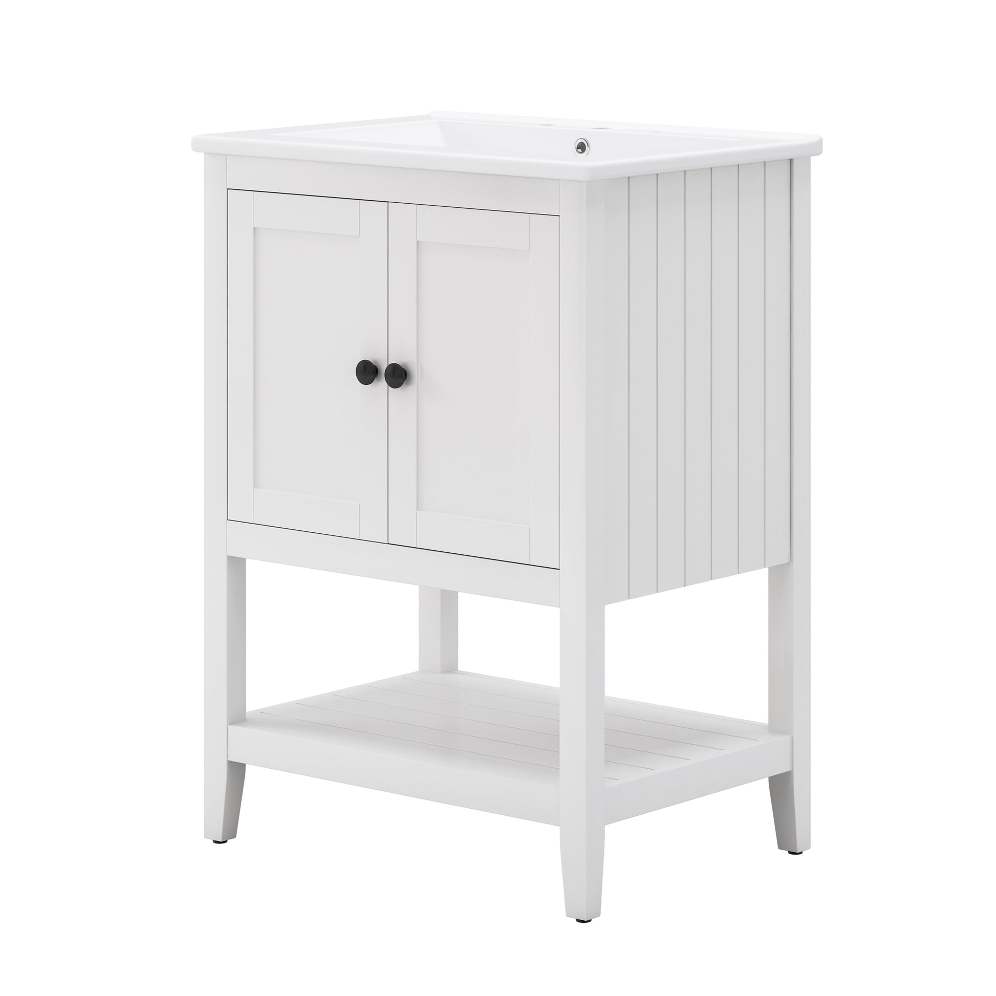 24" White Modern Sleek Bathroom Vanity Elegant Ceramic Sink With Solid Wood Frame Open Style Shelf White Solid Wood
