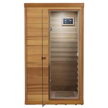 Red Cedar Mini One Person Far Infrared Glass Door On The Right Of The Indoor Sauna Room Natural Wood Caramel Metal & Wood