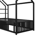 Twin Size Metal House Bed With Fence And Detachable Storage Shelves, Black Twin Black Metal