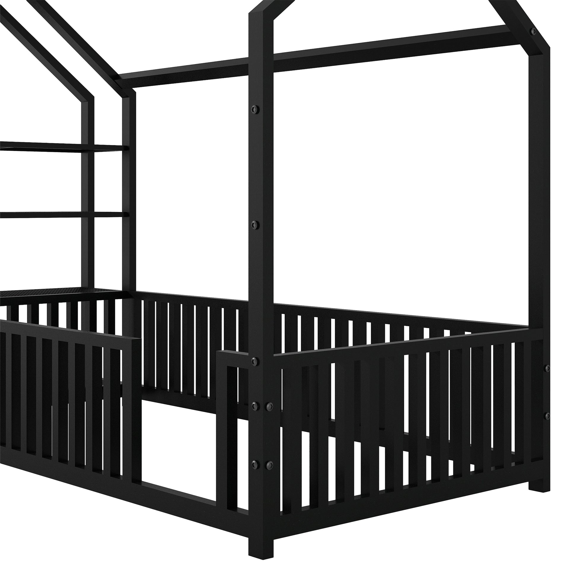 Twin Size Metal House Bed With Fence And Detachable Storage Shelves, Black Twin Black Metal