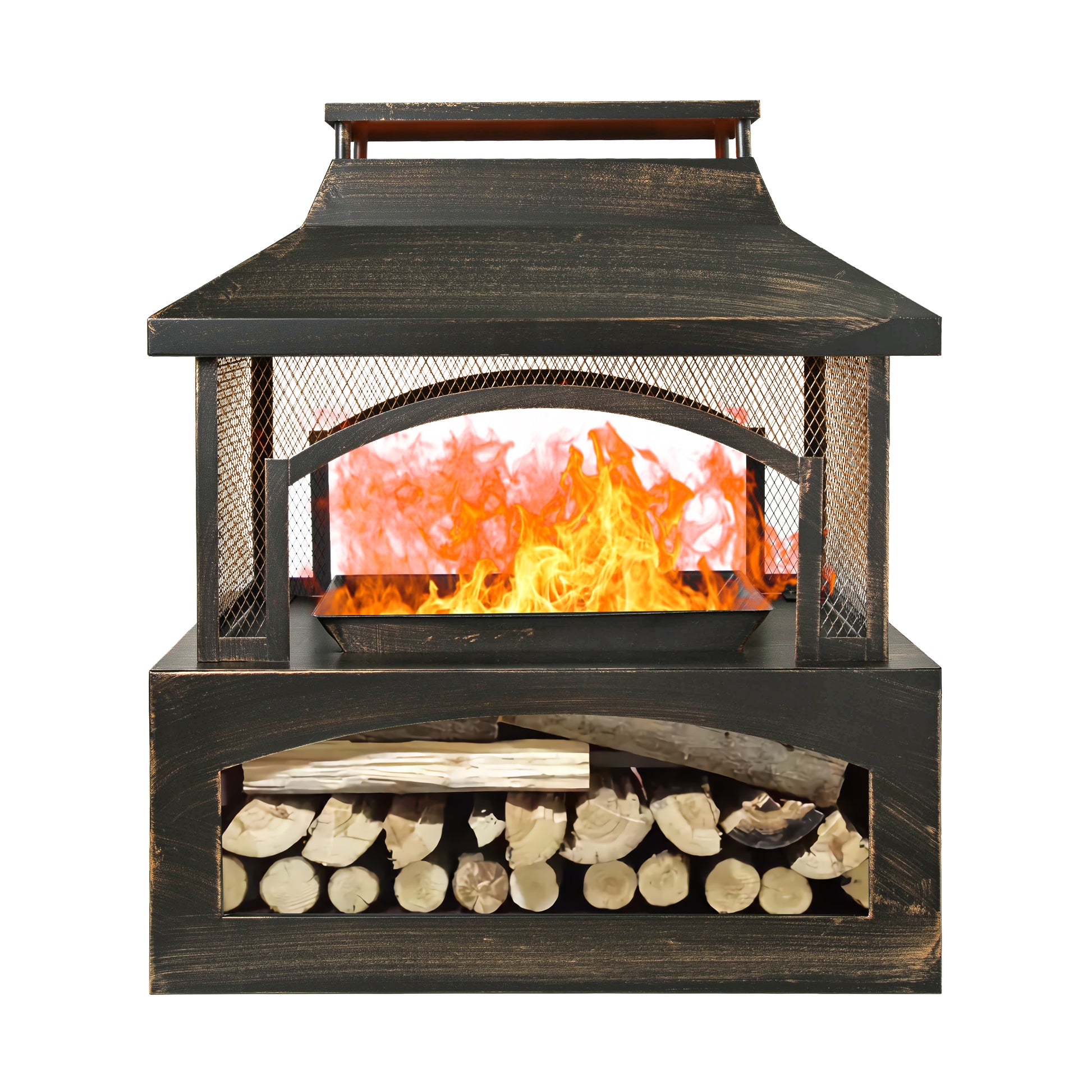 37 Inch Rectangular Metal Outdoor Wood Burning Fireplace Outdoor Fireplace With Built In Log Storage And Poker Brushed Bronze,Log Burner Fire Pit For Patio Garden And Backyard Antique Brass Garden & Outdoor Antique Steel