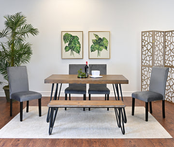 Aso 6 Piece Dining Set, Hairpin Dining Table With 4 Chairs And Bench, 3 Color Options Brown Metal Dining Room Fixed Table Rubberwood Rectangular Dining Table With Chair And Bench Metal Wood Brown Seats 6 Rectangular 4 Leg Mdf Metal