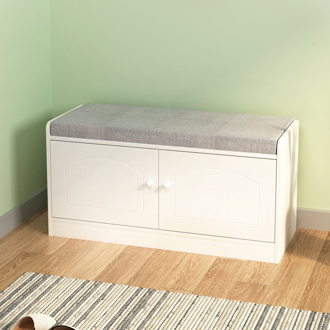 Shoe Storage Bench With 2 Door Cabinet, Entryway Bench With Shoe Storage, Shoe Bench With Cushion, Adjustable Shelves, Shoe Rack Bench For Entrance, Hallway, Bedroom, White Gray White Gray White