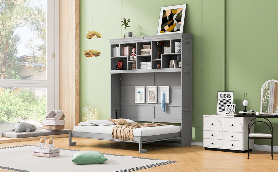 Queen Size Murphy Bed Wall Bed With Top Shelves & Usb,Gray Queen Gray Plywood