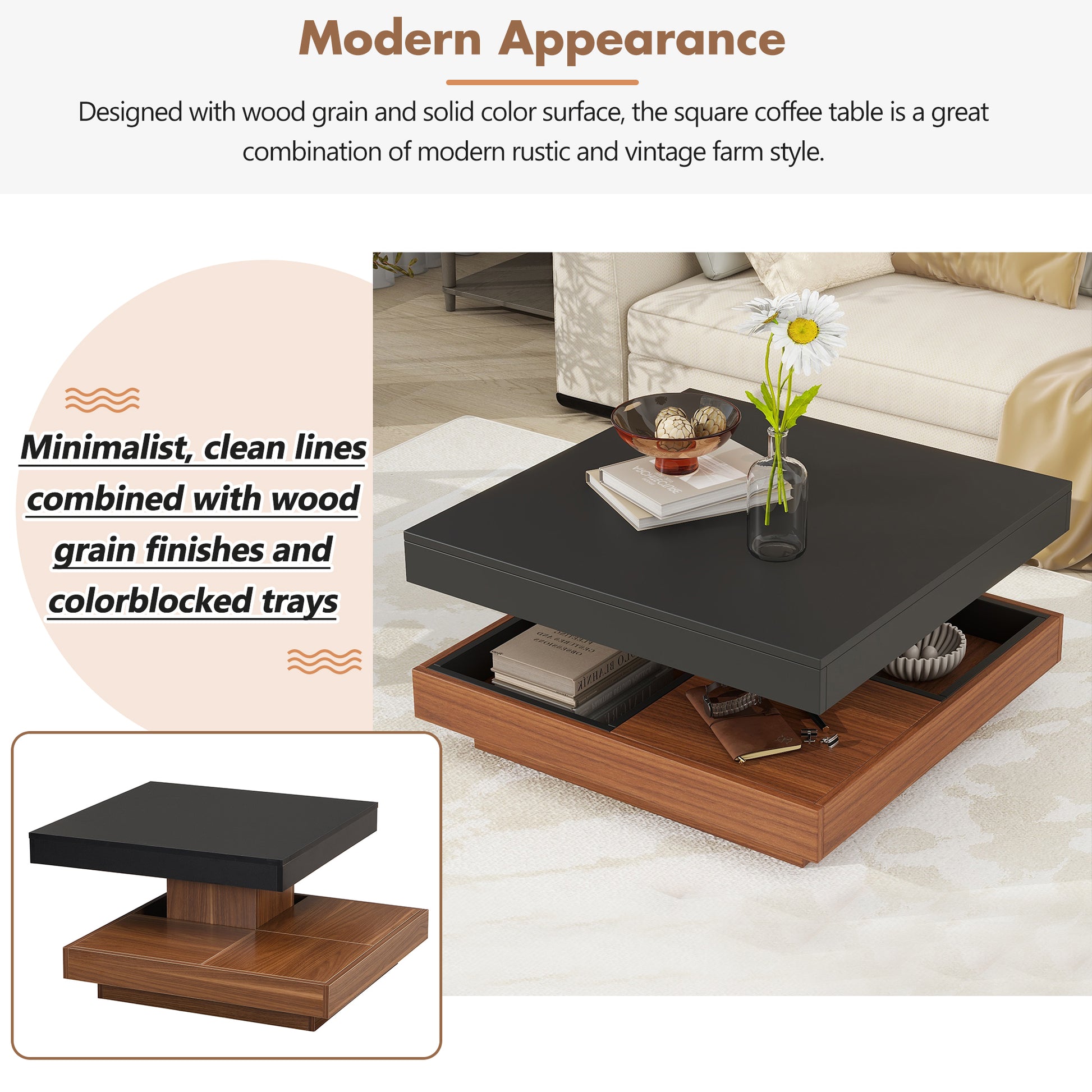 Modern Square 360 Rotating Coffee Table With Three Detachable Tray, 2 Tier Farmhouse Wood Center Table With Storage For Living Room, Black, 27.5*27.5In Black Dark Walnut Primary Living Space Mdf