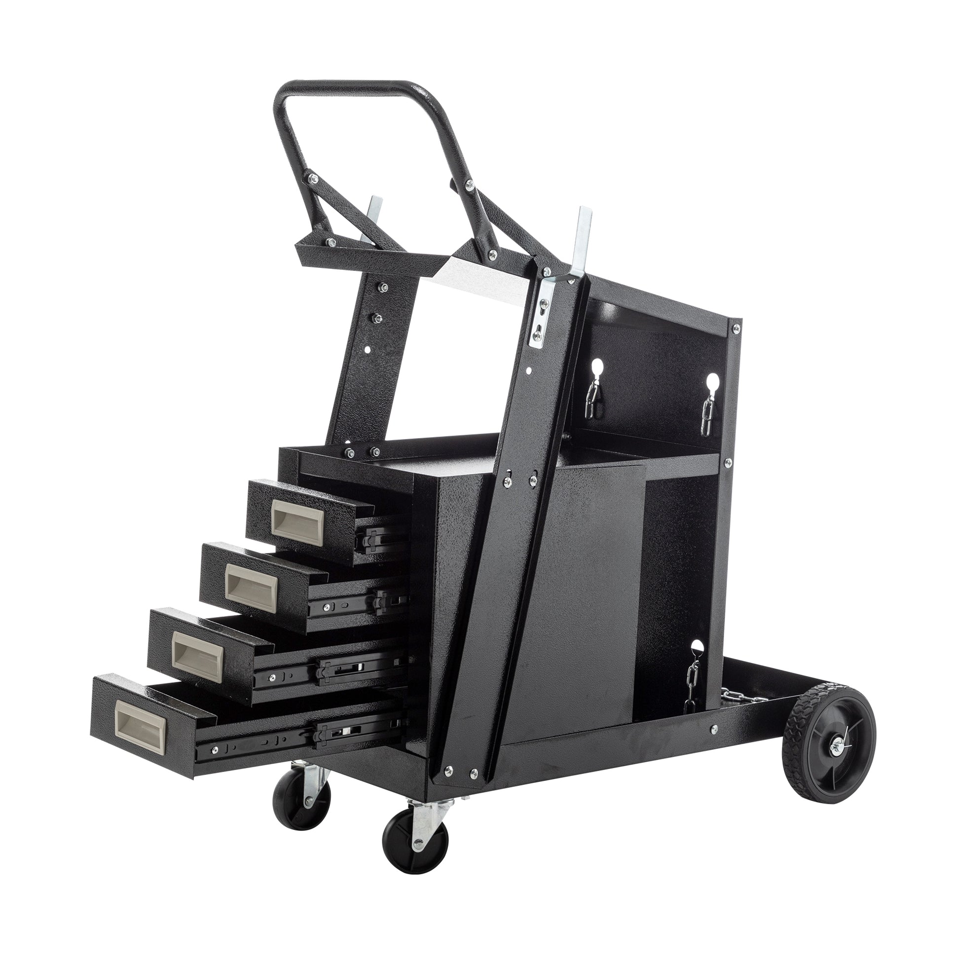 2 Tier 4 Drawers Welding Cart, Welder Cart With 265Lbs Static Weight Capacity, 360 Swivel Wheels, Tank Storage Safety Chains, Heavy Duty Rolling For Mig Welder And Plasma Cutter Black Metal